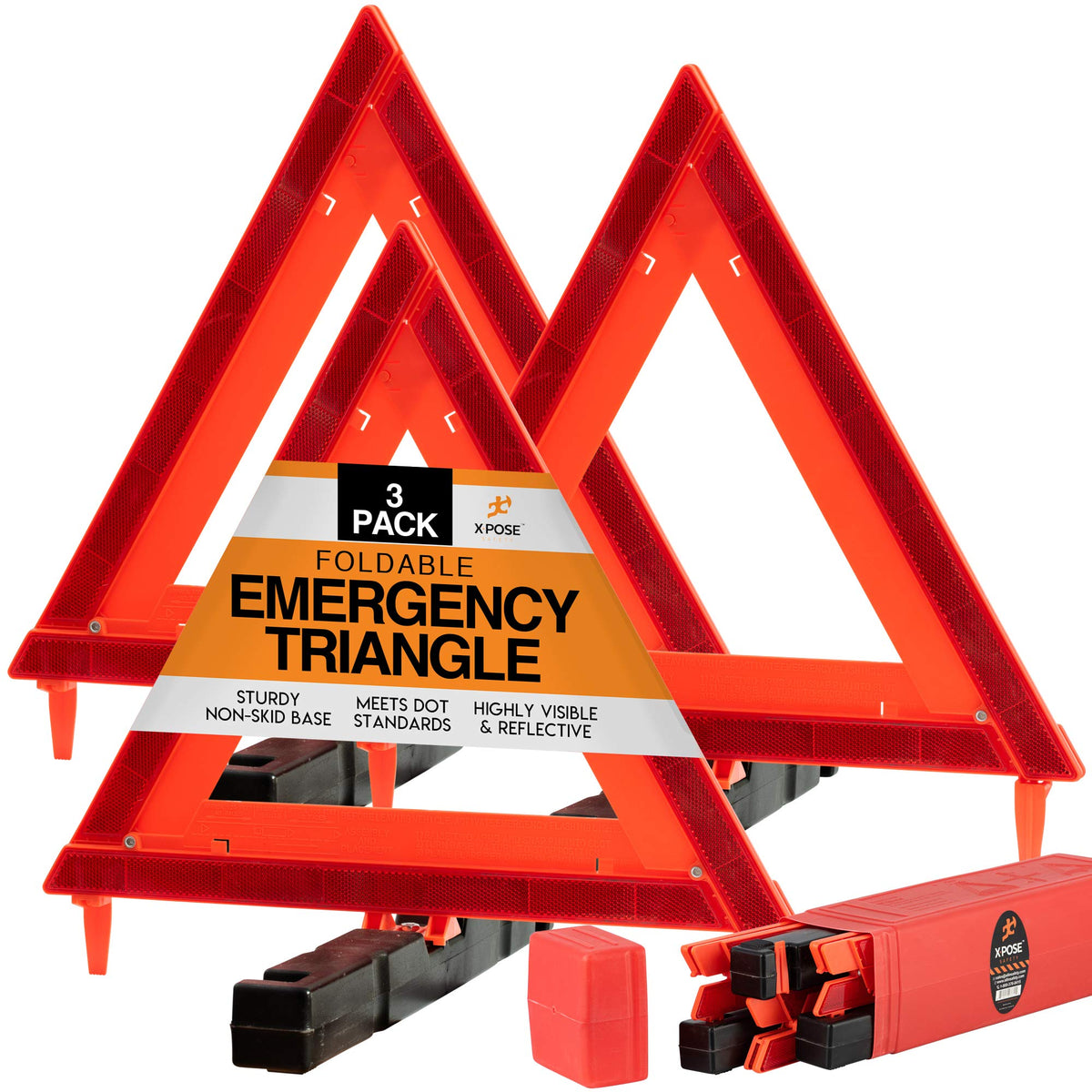 Xpose Safety Reflective Emergency Triangles 3 Pack - Roadside Car Safety and Warning Tool - DOT Approved Triangle Reflectors - R