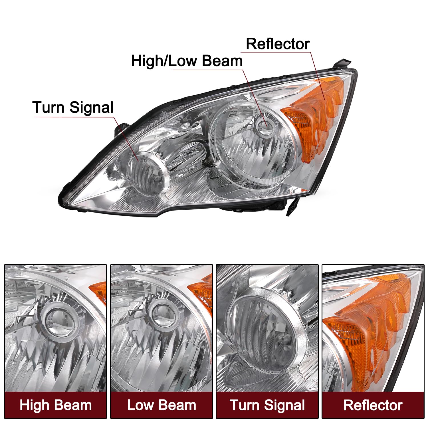 Jsboyat Headlight Assembly Pair Replacement For 2007-2011 Honda Cr-V Front Headlamp Chrome Housing With Amber Reflector (Driver And Passenger Side)