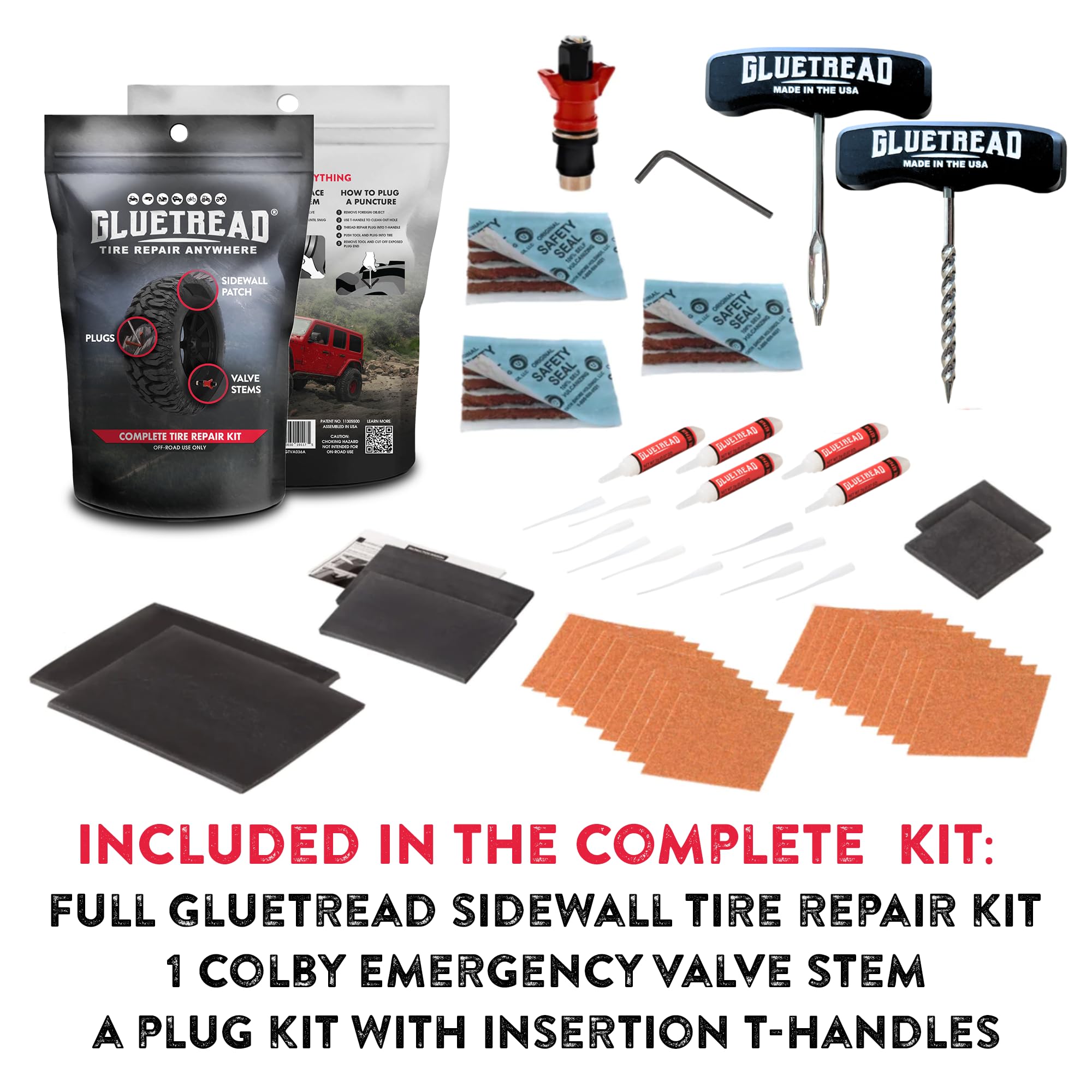 Gluetread Complete Off-Road Tire Repair Kit | Repair Any Kind Of Tire Puncture | Includes Sidewall Tire Repair Patches, Plugs An