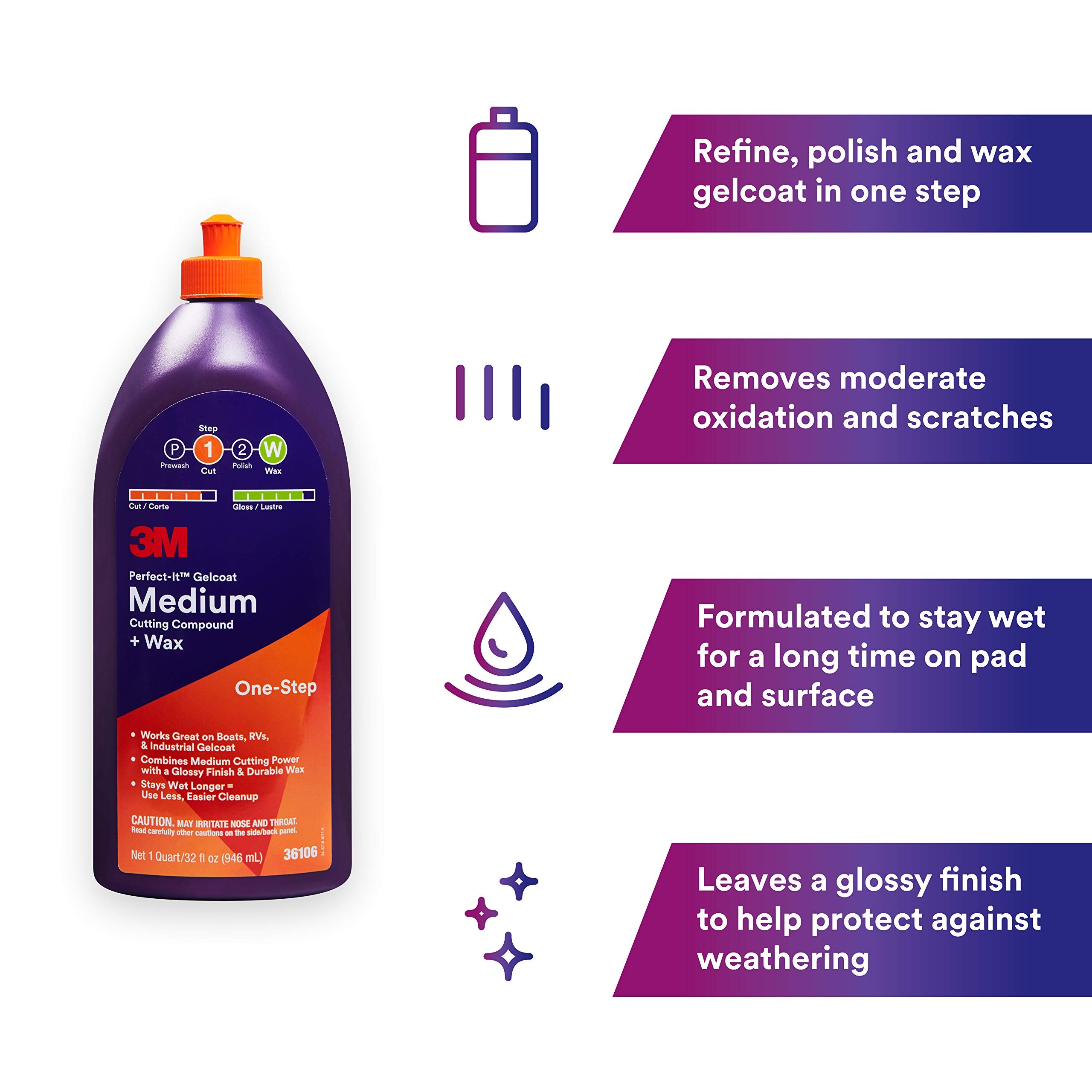 3M Perfect-It Gelcoat Medium Cutting Compound + Wax, 36106, 1 Quart, One-Step Process, P1500 And Finer Scratches, Fiberglass Oxidation Remover For Boats And Rvs