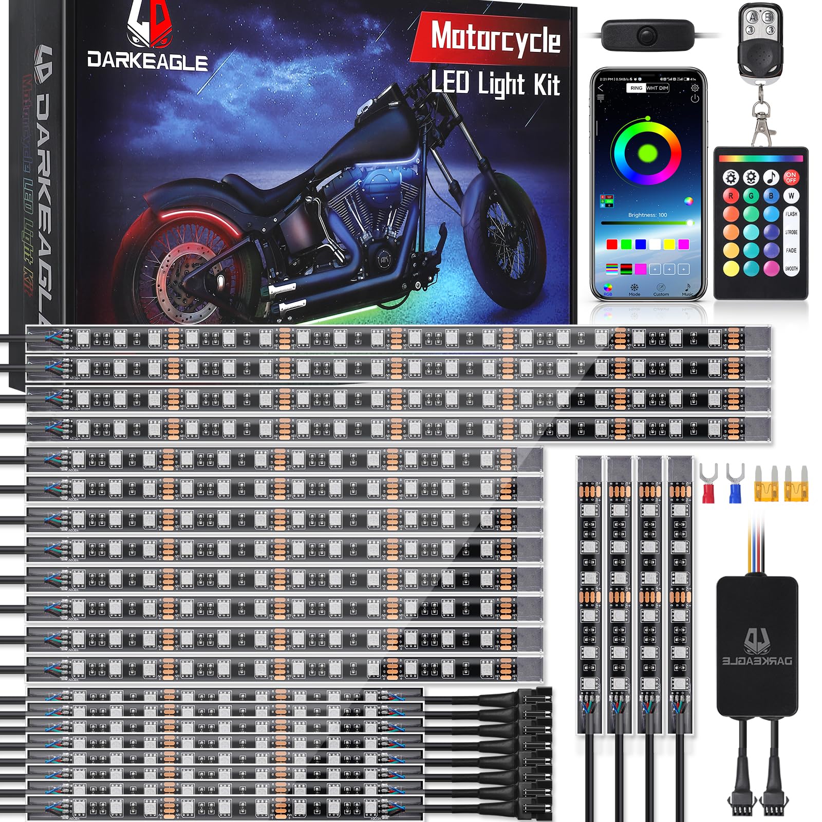 24Pcs Motorcycle Led Light Kit With Brake Light Turn Signal, Motorcycle Underglow Lights With App/Rf Remote Control, Dual Zone R
