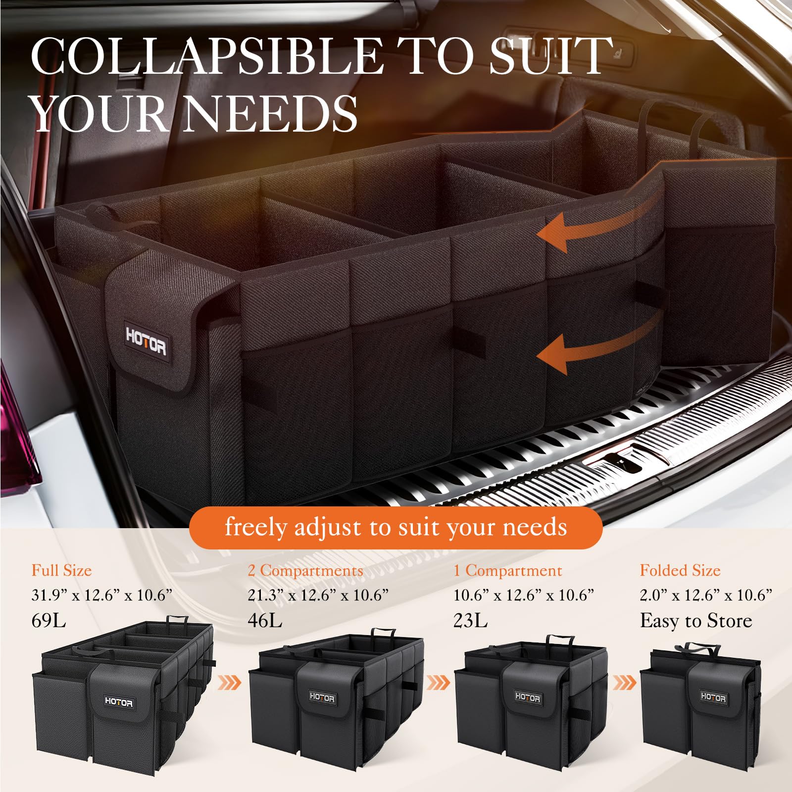 Hotor Foldable Trunk Organizer - Suv & Sedan Compatible, 3 Compartment, Black, 31.9 ''  12.6 ''  10.6 '' Sturdy Car Organization
