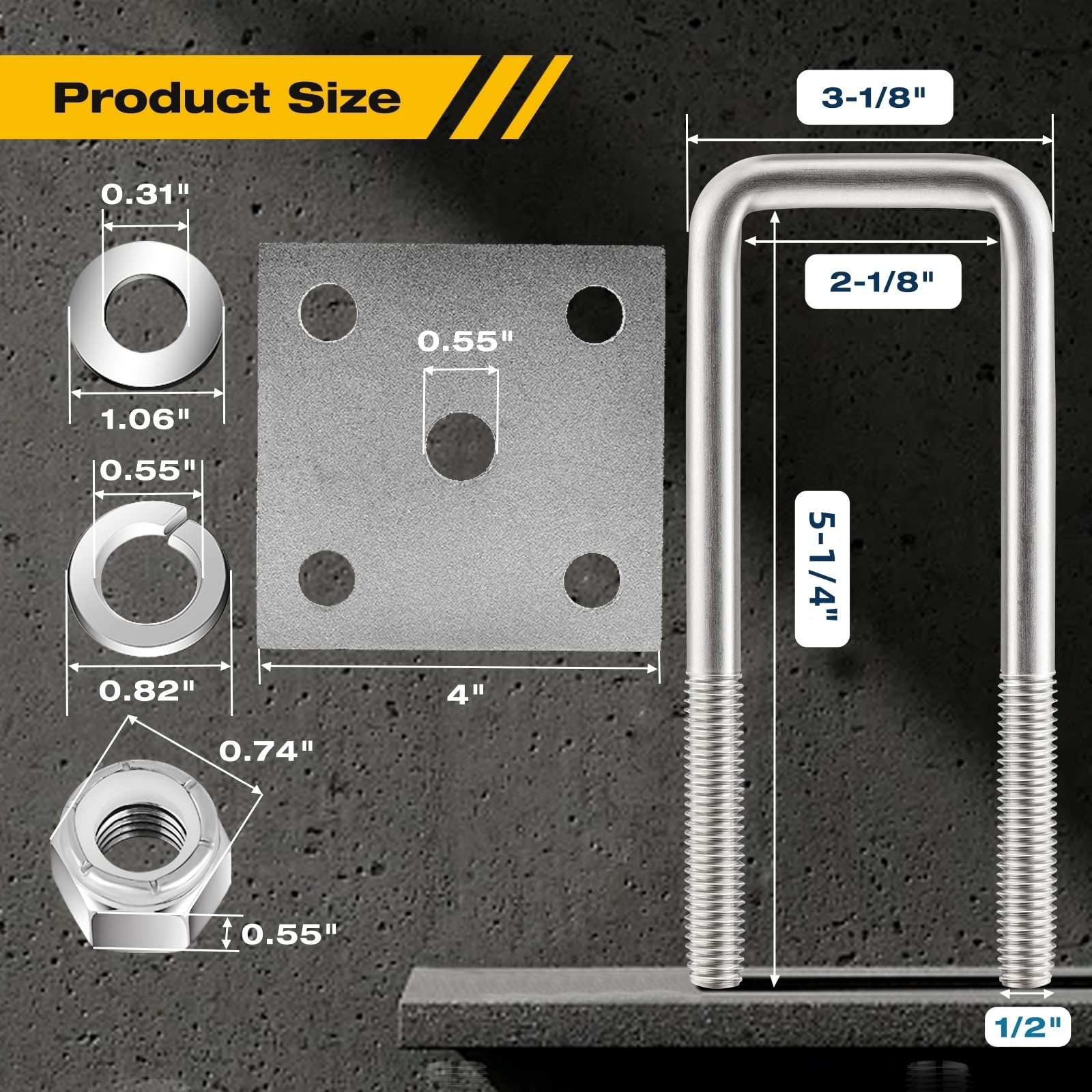 Hot-dip Galvanized Zinc Square U Bolt Kit for Boat Trailer Axle Leaf Springs, for 2x2 Axle - 5 1/4'' Long,2 inch Wide Square U-B