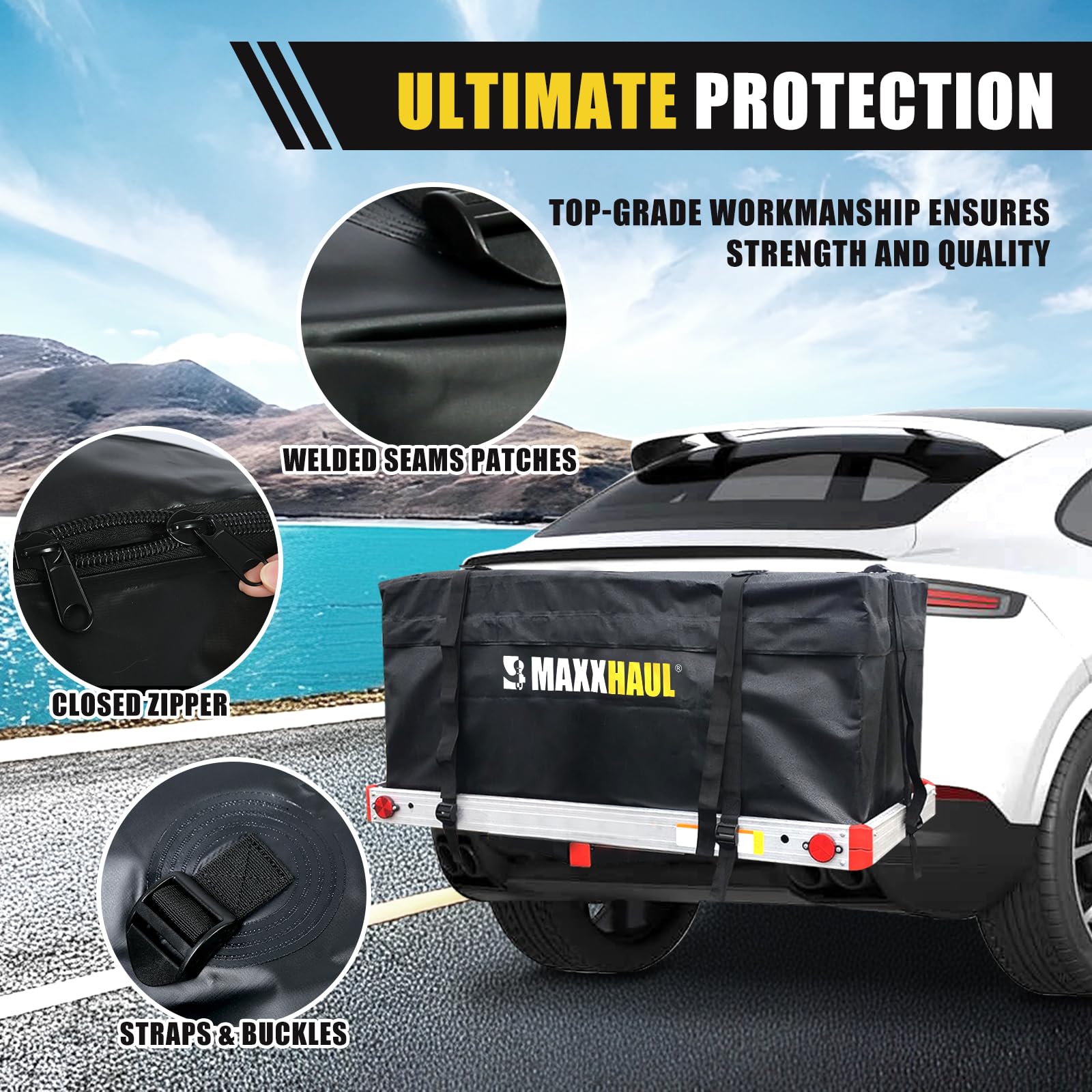 Maxxhaul 70209 Soft Shell Cargo Carrier Bag For Hitch Mount Cargo Rack - Heavy Duty And Water Resistant 47 Inch 20 Inch X 20 Inch Black With Tie Down Straps