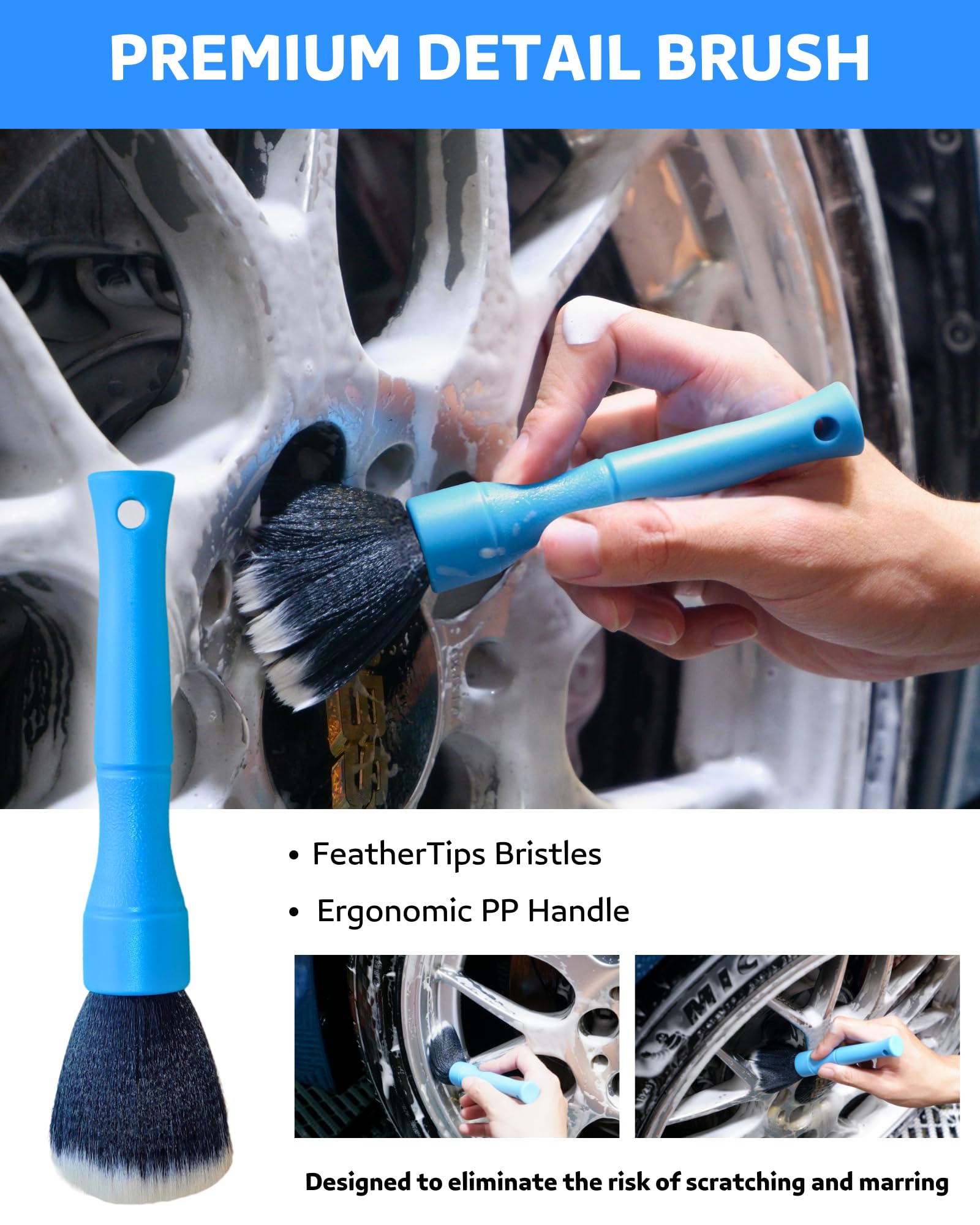 oesee Car Wheel Cleaning Kit: Wheel and Rim Flagged Tip Brush, Bendable Barrel Brush, Wheelie Mitt, Scratch-Free Detail Brush fo
