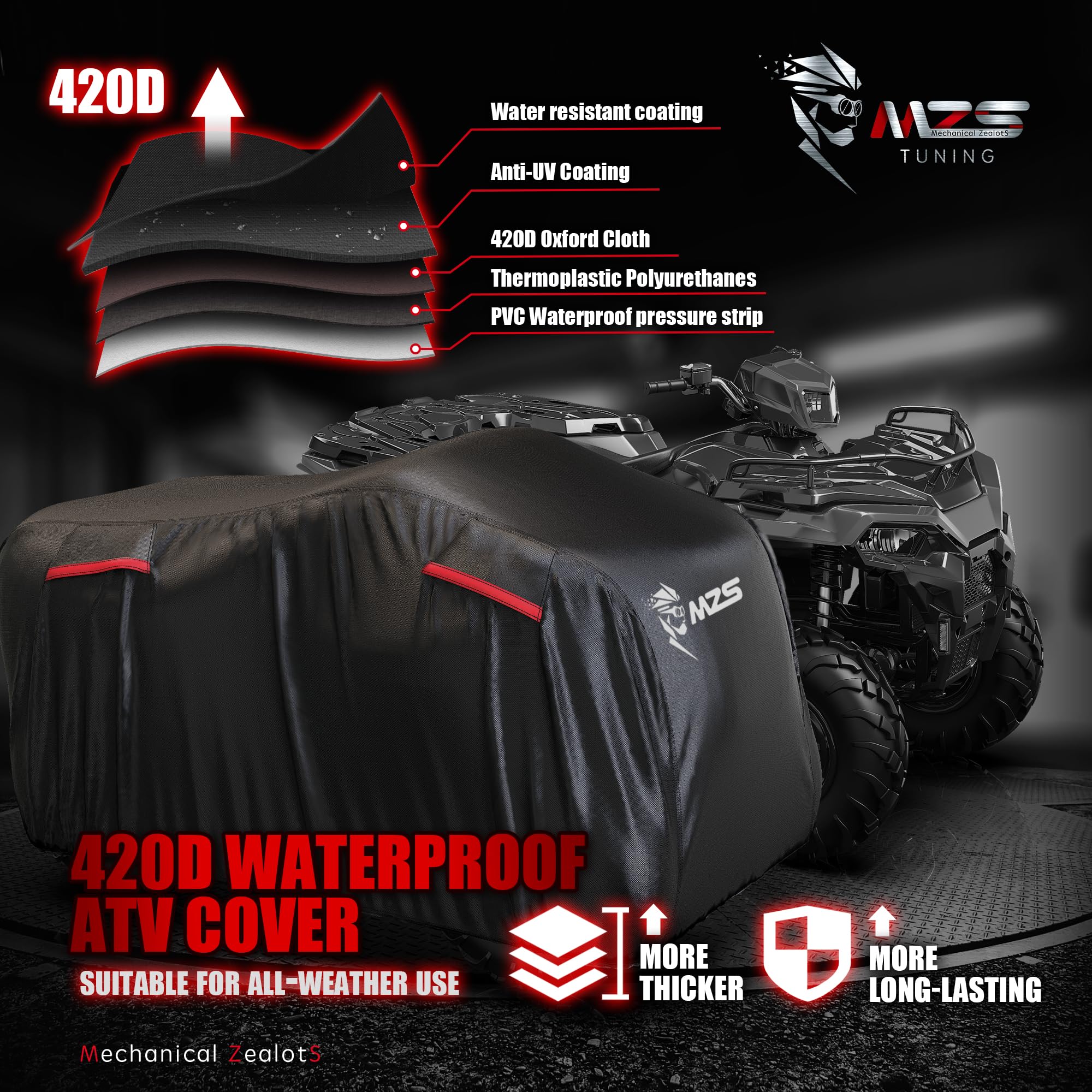 Mzs Atv Cover All Weather Season Outdoor Storage Waterproof Protection Accessories Fits Up To 101 Inch Quad 4 Wheeler Covers - Vents Night Reflective Tear Wind Proof Adjuster Buckle Bag