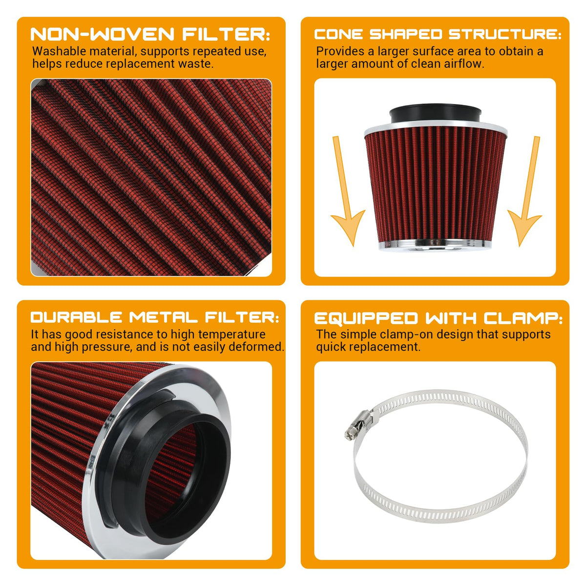Intake Inlet Cone Ptnhz Universal Red 3.5'' 89Mm High Flow Cold Air Intake Cone Air Filt ...