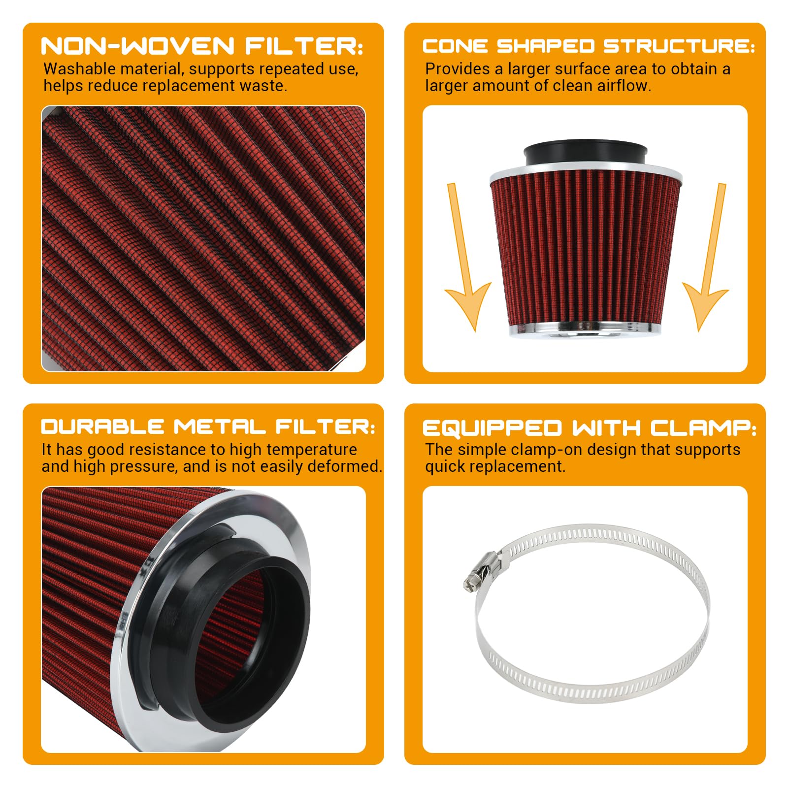 Ptnhz Universal Red 3.5'' 89Mm High Flow Cold Air Intake Cone Air Filter Power Intake Air Inlet System Air Cleaner