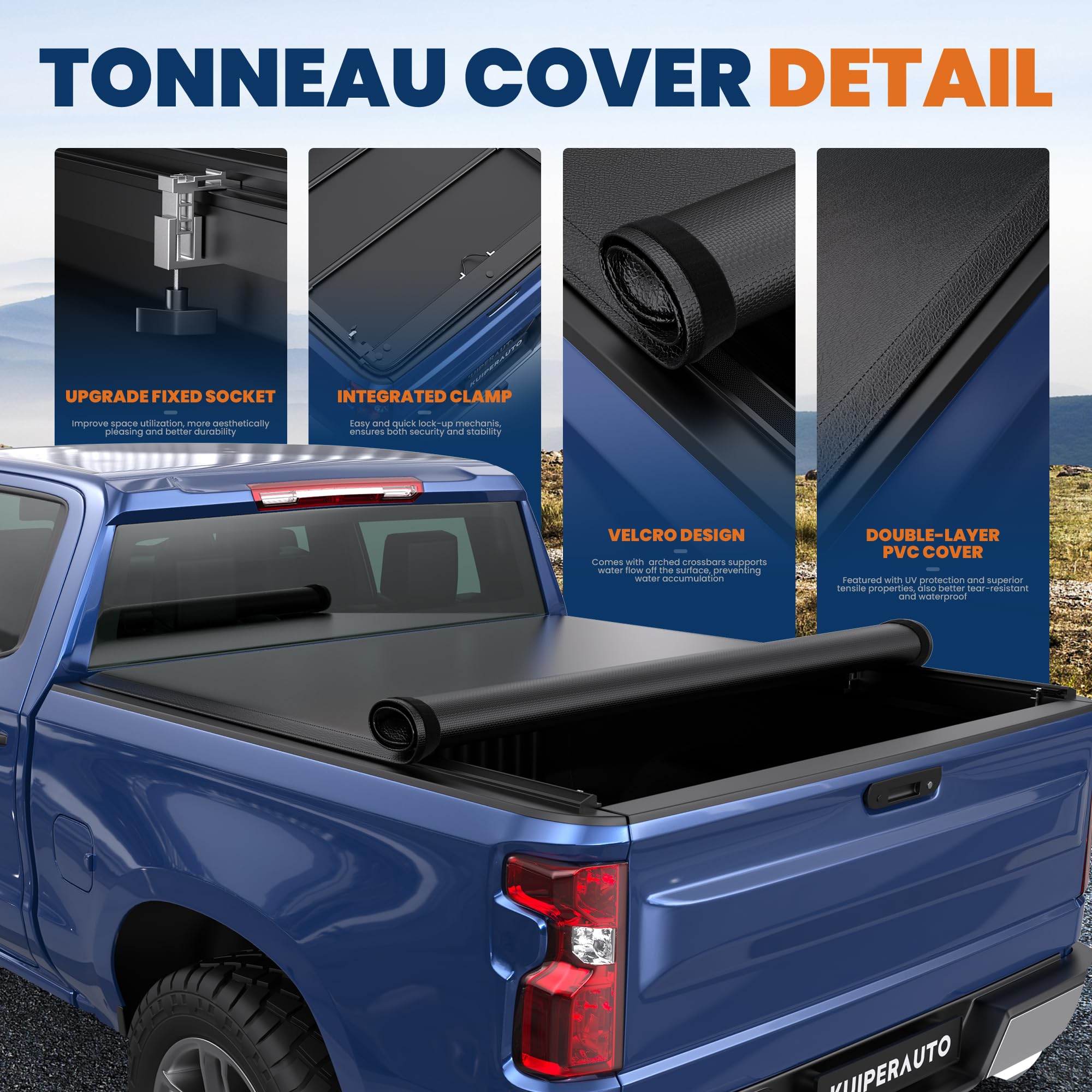 KUIPERAUTO 8FT Roll-Up Soft Vinyl Truck Bed Tonneau Cover Compatible for 2007-2013 Chevy Chevrolet Silverado/GMC Sierra 1500 250