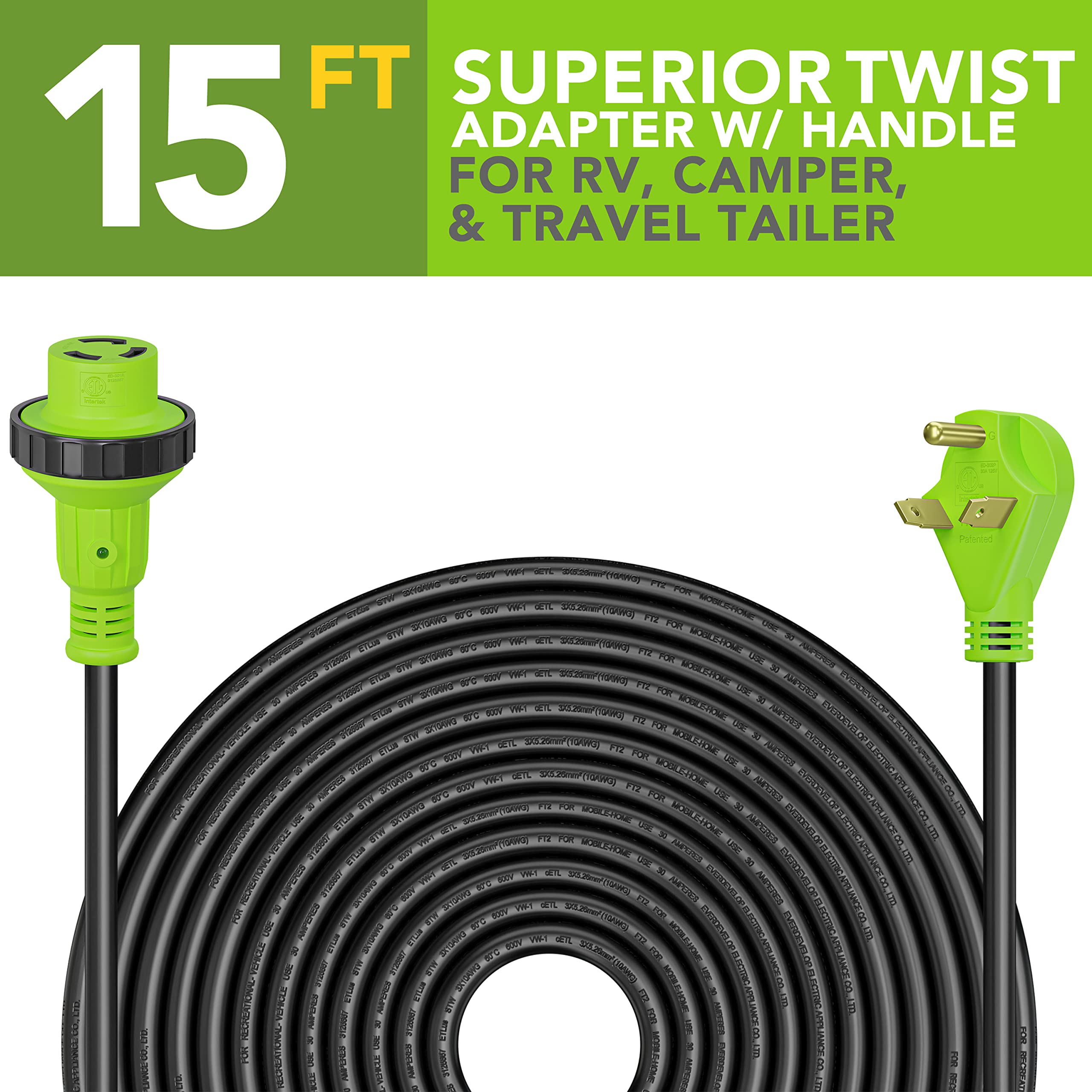 Leisure Cords 15 Foot Power/Extension Cord with 30 AMP Male Standard / 30 AMP Female Locking Adapter (30 Amp - 15 Foot)