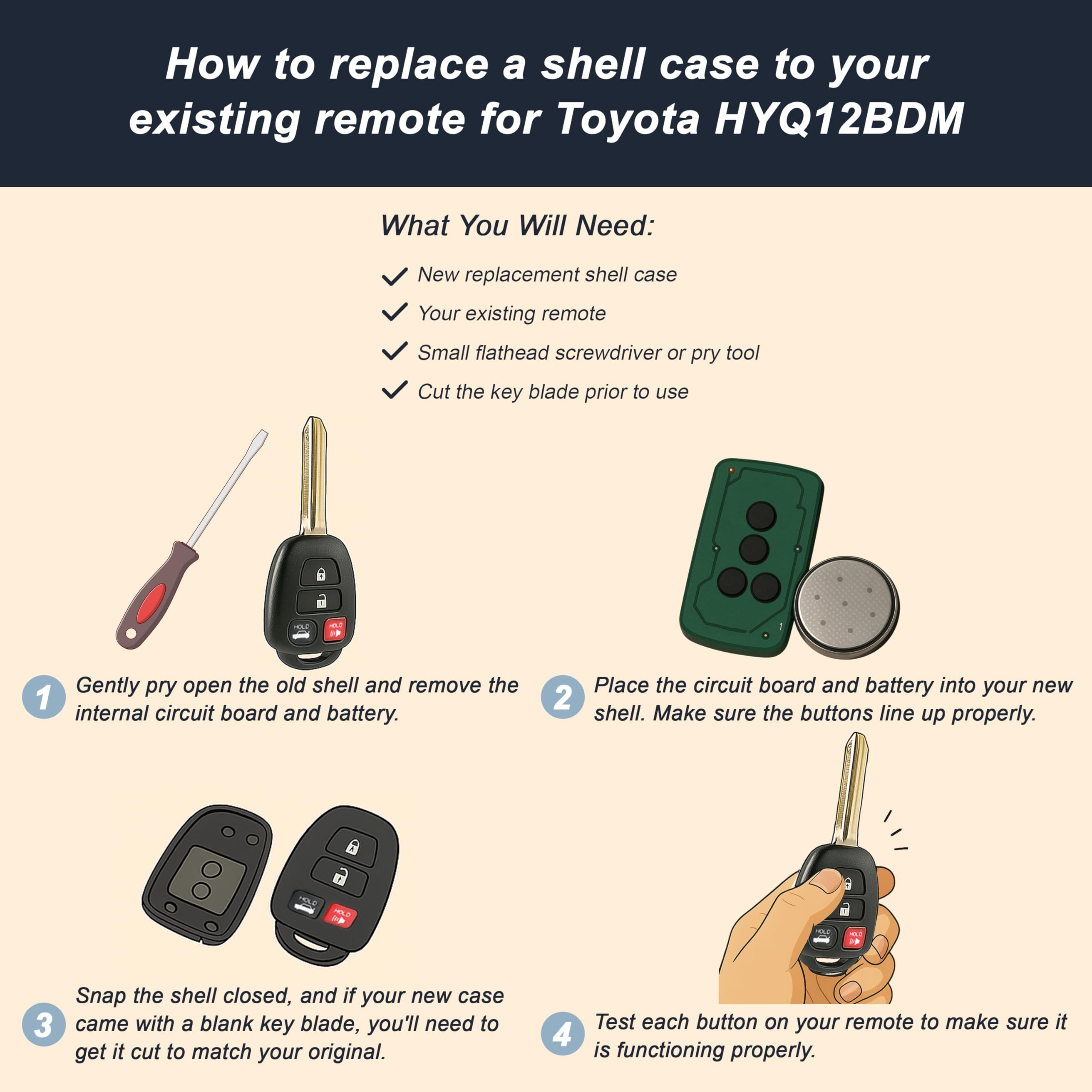 Key Fob Shell Fits 2012-2017 Toyota Camry / 2014-2017 Toyota Corolla Rav4 Highlander Keyless Entry Remote Case & Pad (Hyq12Bdm)