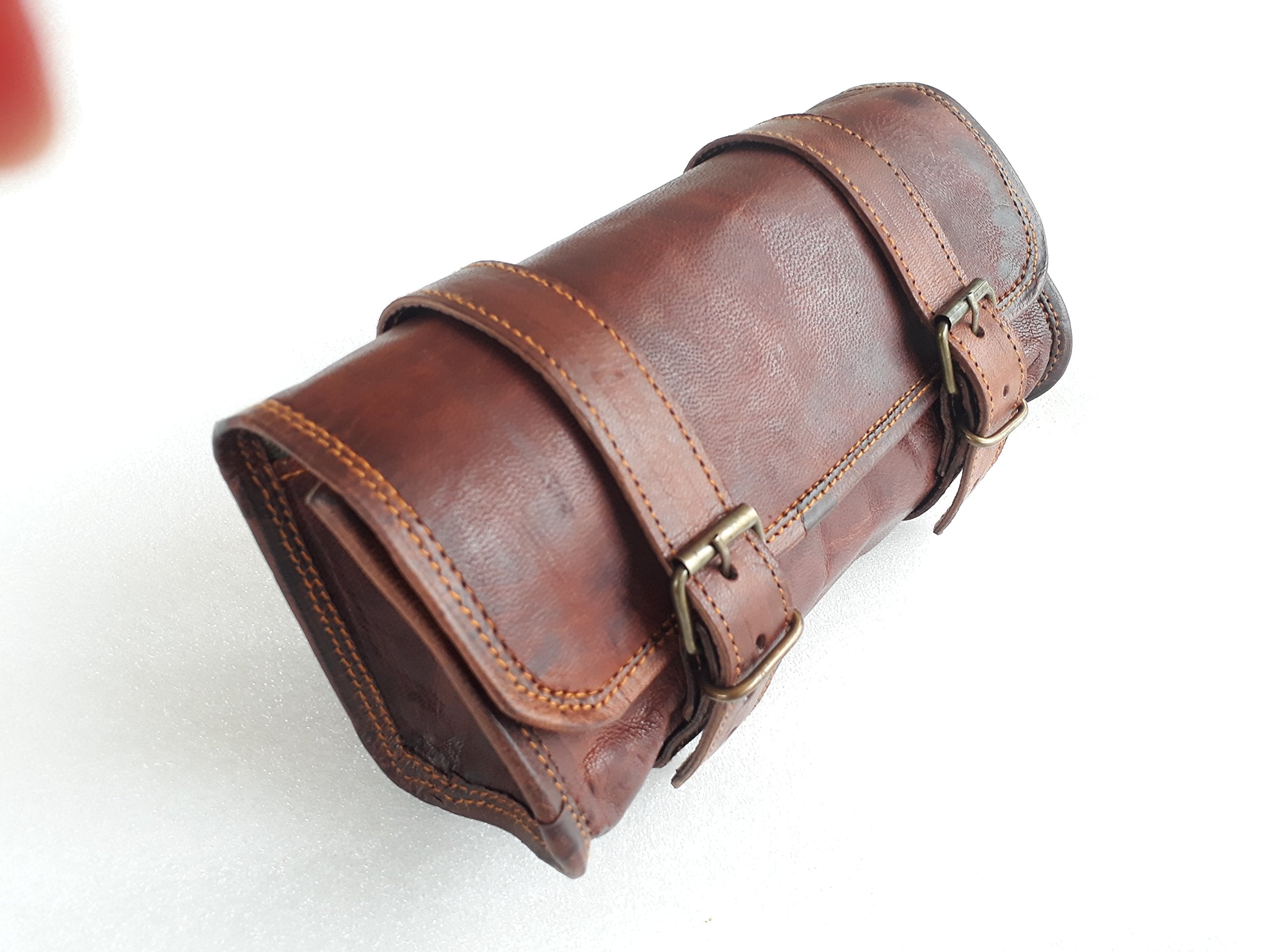 Vintage Motorcycle Genuine Goat Leather 2 Strap Buckle Closure Tool Brown Bag Quick Release Clasp Reinforced For Handlebars,Fork
