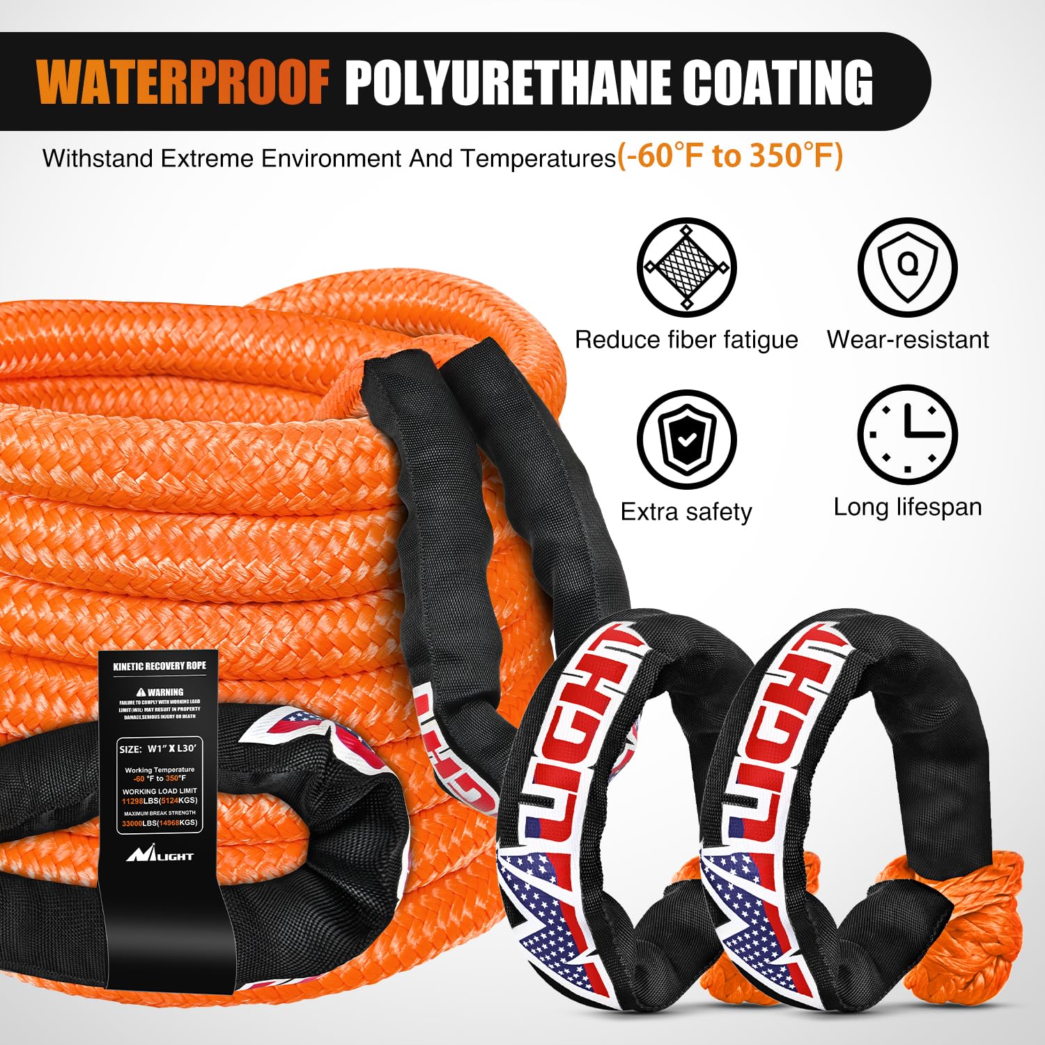 Nilight Kinetic Recovery Tow Rope Kit with 2 Soft Shackle 1'' x 30ft Heavy Duty Offroad Tow Rope Snatch Strap Towing Strap kit (