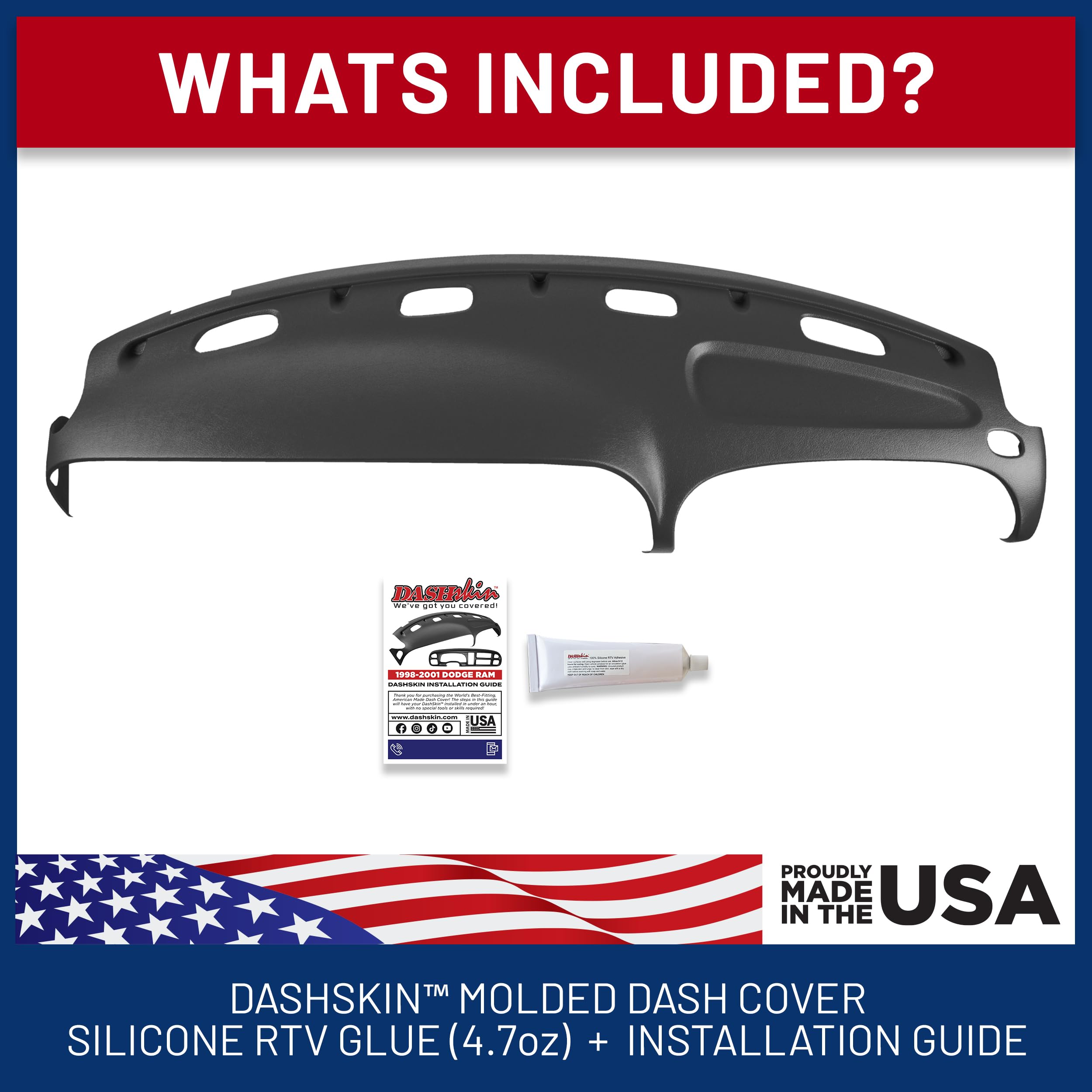 Dashskin Molded Dash Cover Cap Compatible With 1998 1999 2000 2001 Dodge Ram 1500 (98-02 Ram 2500 & 3500) In Universal Black - M