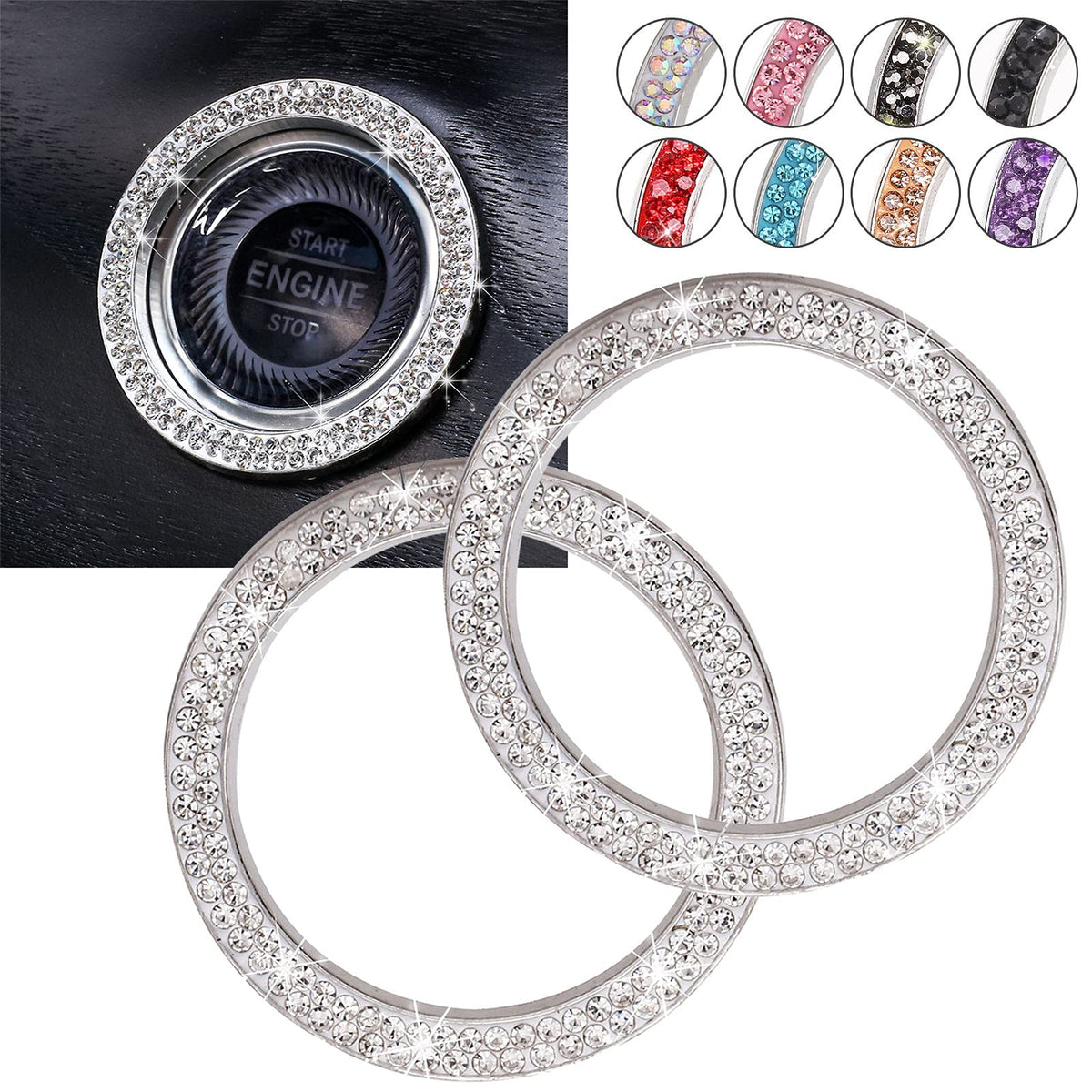 Tobequeen Car Bling Ring Crystal Car Stickers Rings Womens Car Decals,2Pcs Push Start Button Bling Ignition Ring Sticker,Bling C