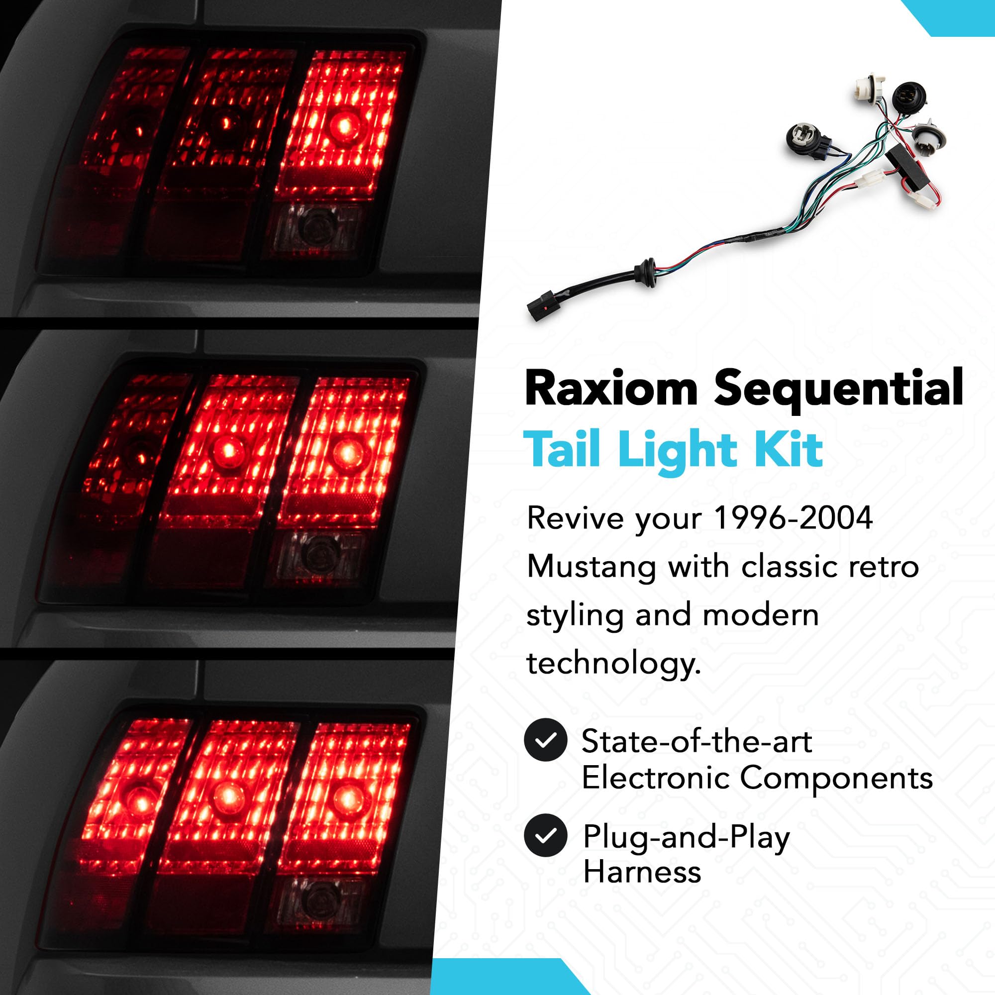 Raxiom Sequential Tail Light Kit; Plug-And-Play Harness Compatible With 96-04 Mustang, Excluding 99-01 Cobra