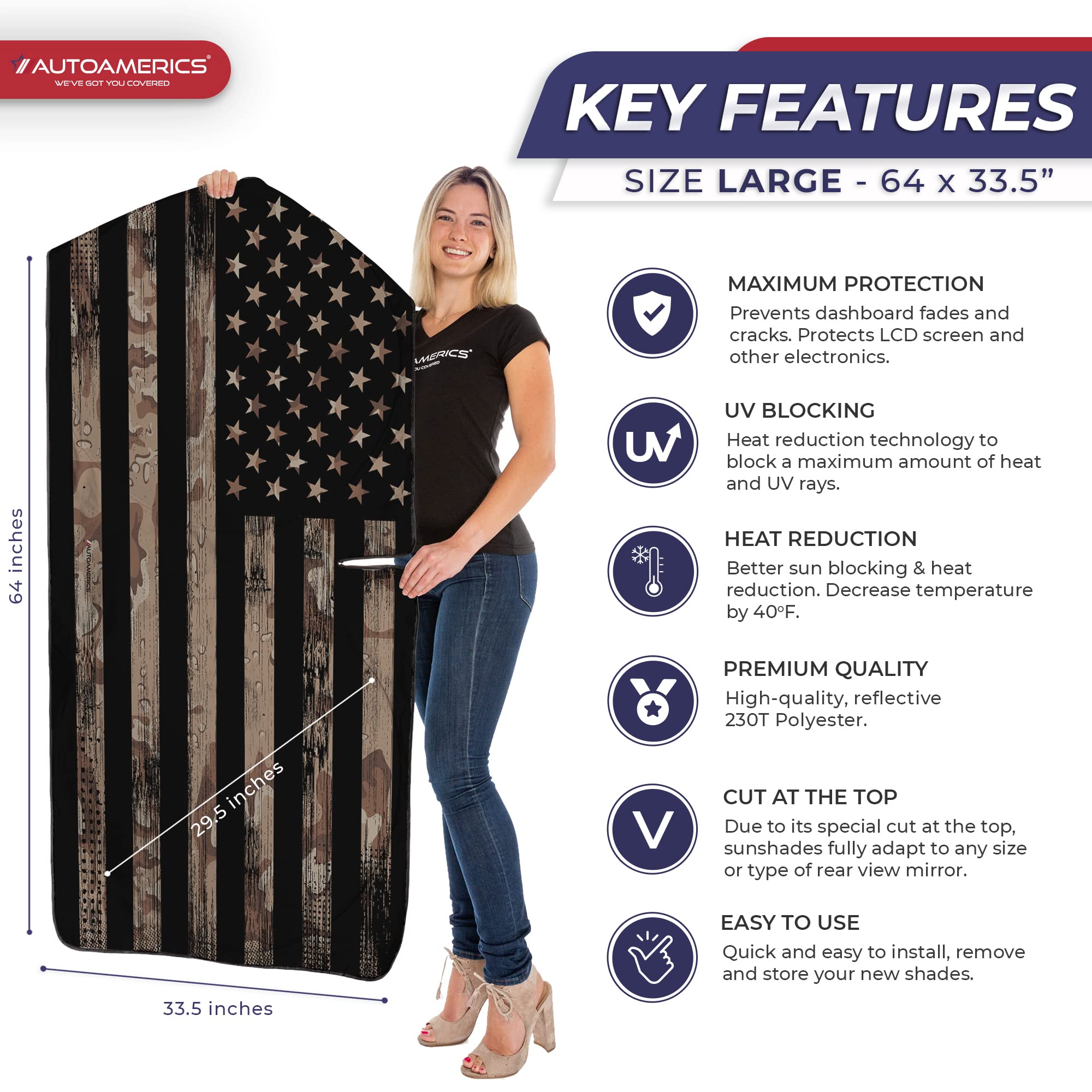 Autoamerics 1-Piece Windshield Sun Shade Brown Camo American Flag Usa Design - Foldable Car Front Window Sunshade For Most Sedan
