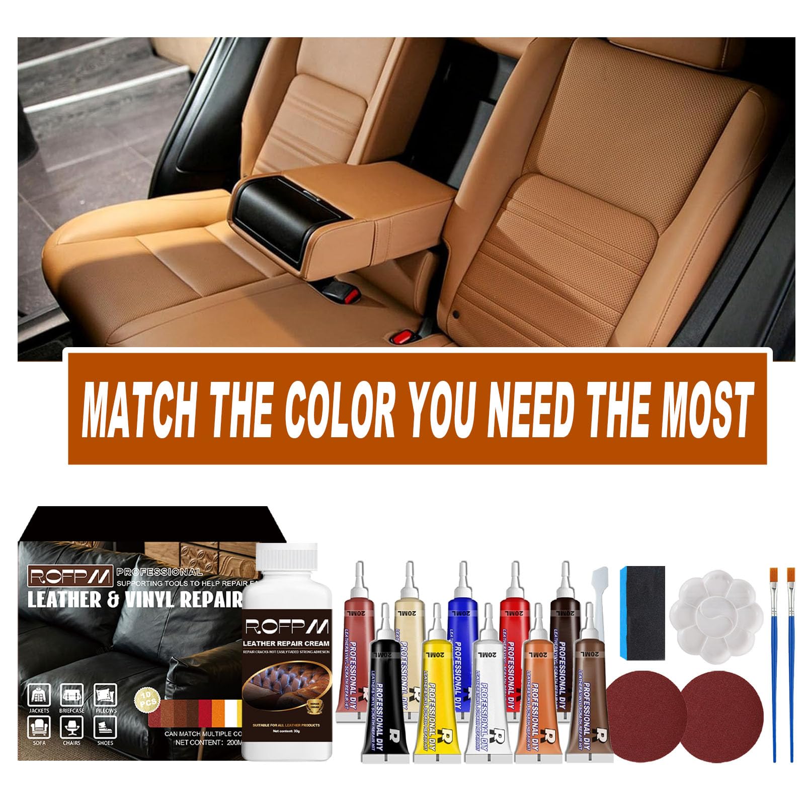 ROFPM Leather Repair Kit, Vinyl Reapir Kit for Furniture, Couch, Sofa, Jacket, Car Seats, Purse, Chair, Car Interiors and Handba