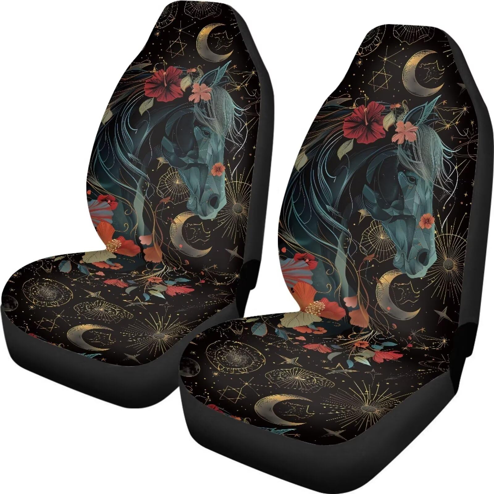 Talayituse Horse Hibiscus Print Car Front Seat Cover, Moon Star Design 2 Pack Stretchy Car Seat Cover Soft Bucket Vehicle Seat P
