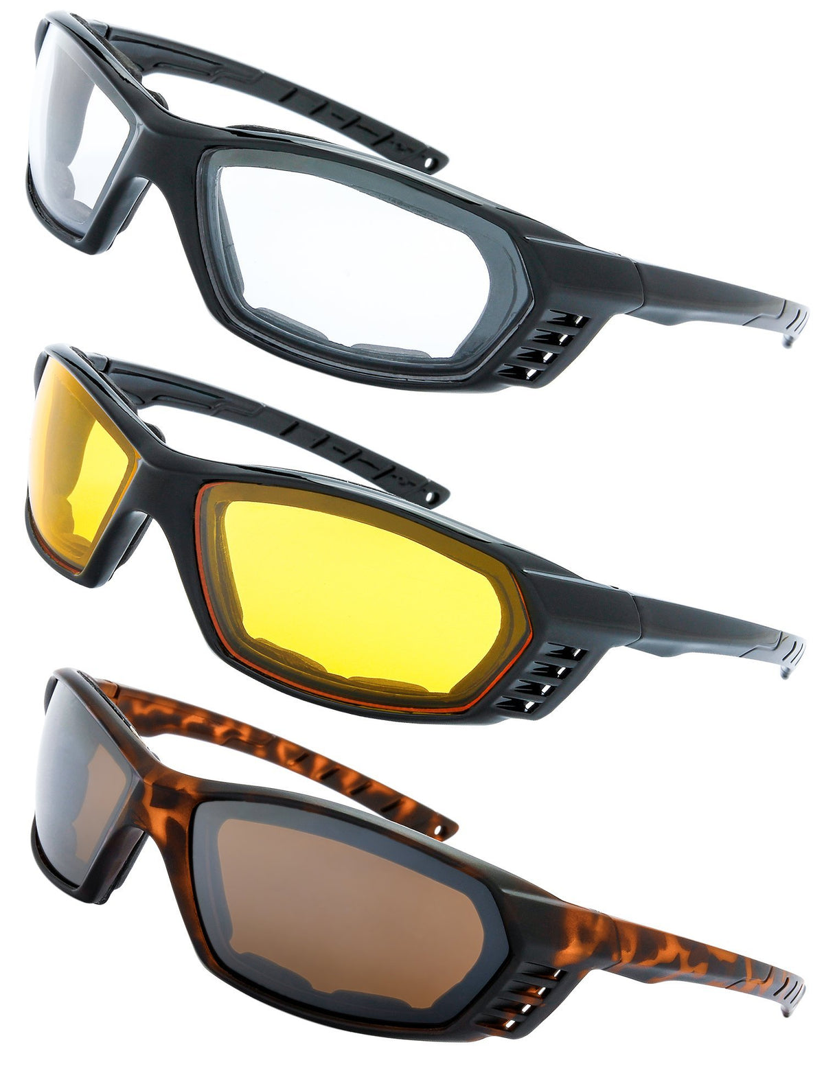3 Pairs Motorcycle Riding Glasses Padded Frame Lens Block 100% Uvb For Outdoor Activity Sport (3-Shiny Black/Tortoise, Clear, Ye