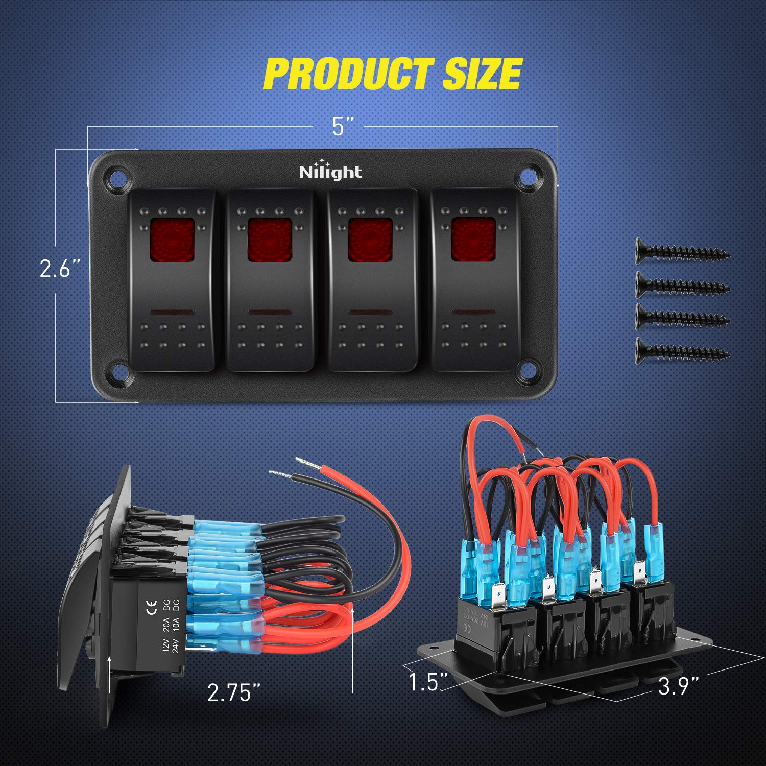 Nilight 4 Gang Rocker Switch Panel 5Pin On Off Toggle Switch Aluminum Holder 12V 24V Dash Pre-Wired Red Backlit Switches For Aut
