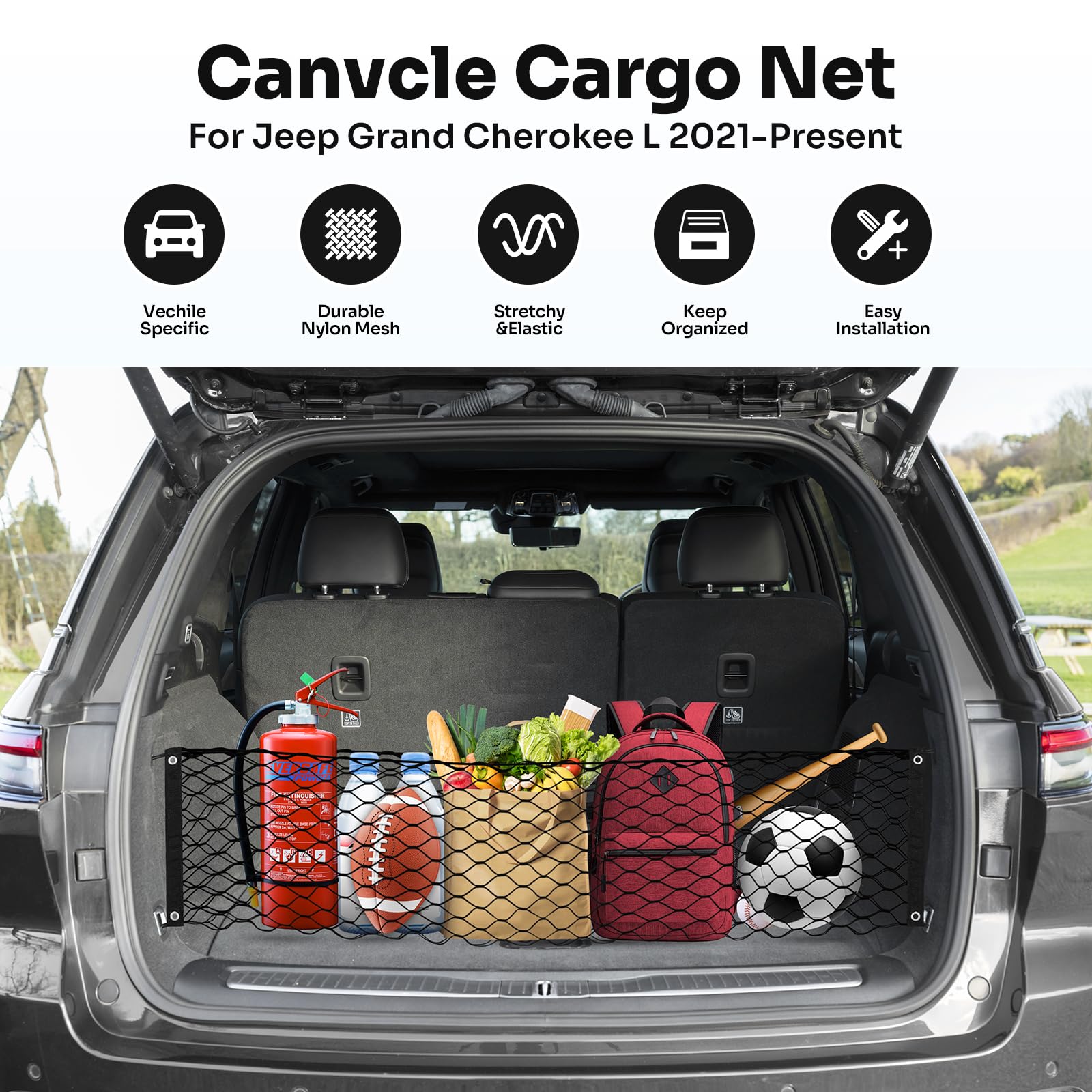 Canvcle Trunk Cargo Net for 2021-2025 Jeep Grand Cherokee L (7 Seats) Accessories Envelope Style Mesh Trunk Net Organizer and St