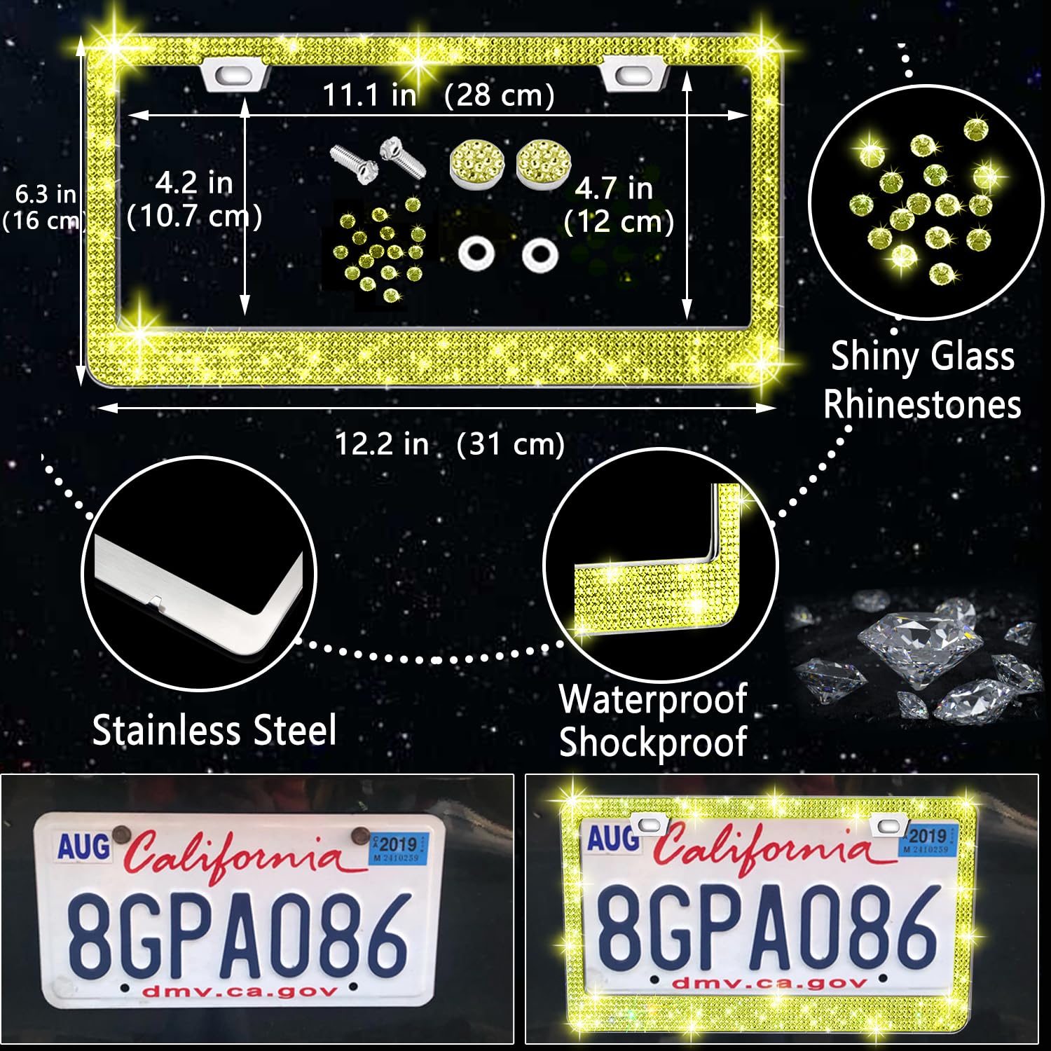 Nbtepem 27-Piece Yellow Bling Car Accessories Set - Universal Fit Steering Wheel Covers, License Plate Frame, Phone Holder, Car