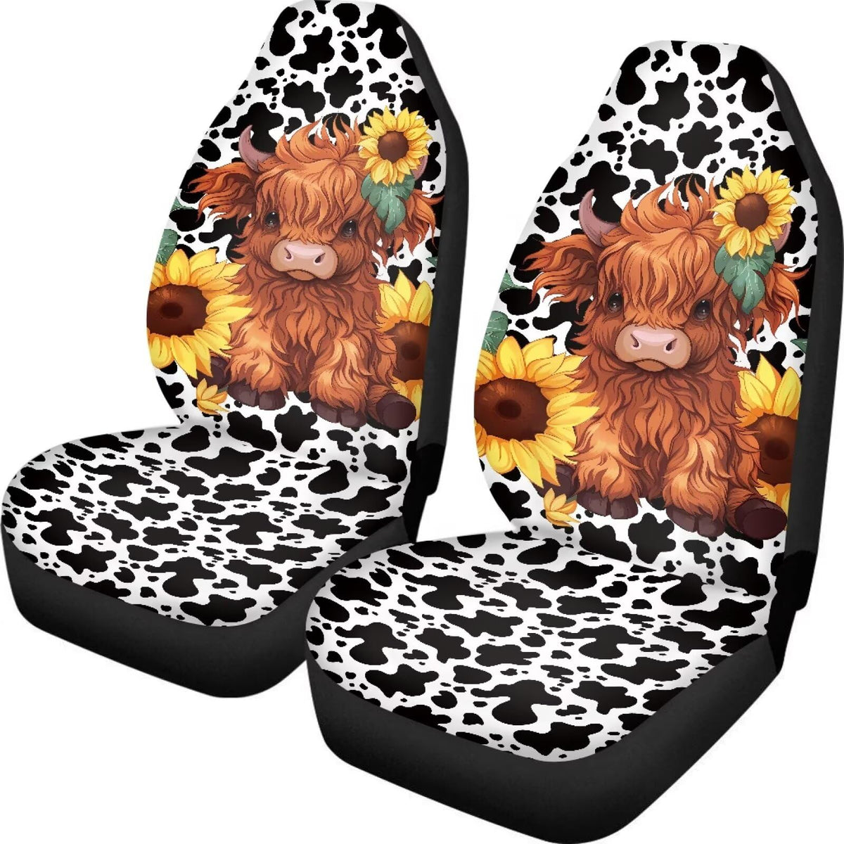 Toaddmos Cute Sunflower Highland Cow Front Seat Covers For Cars Bucket Seat Covers Black Cow Spots Decorative Automotive Seat Cu