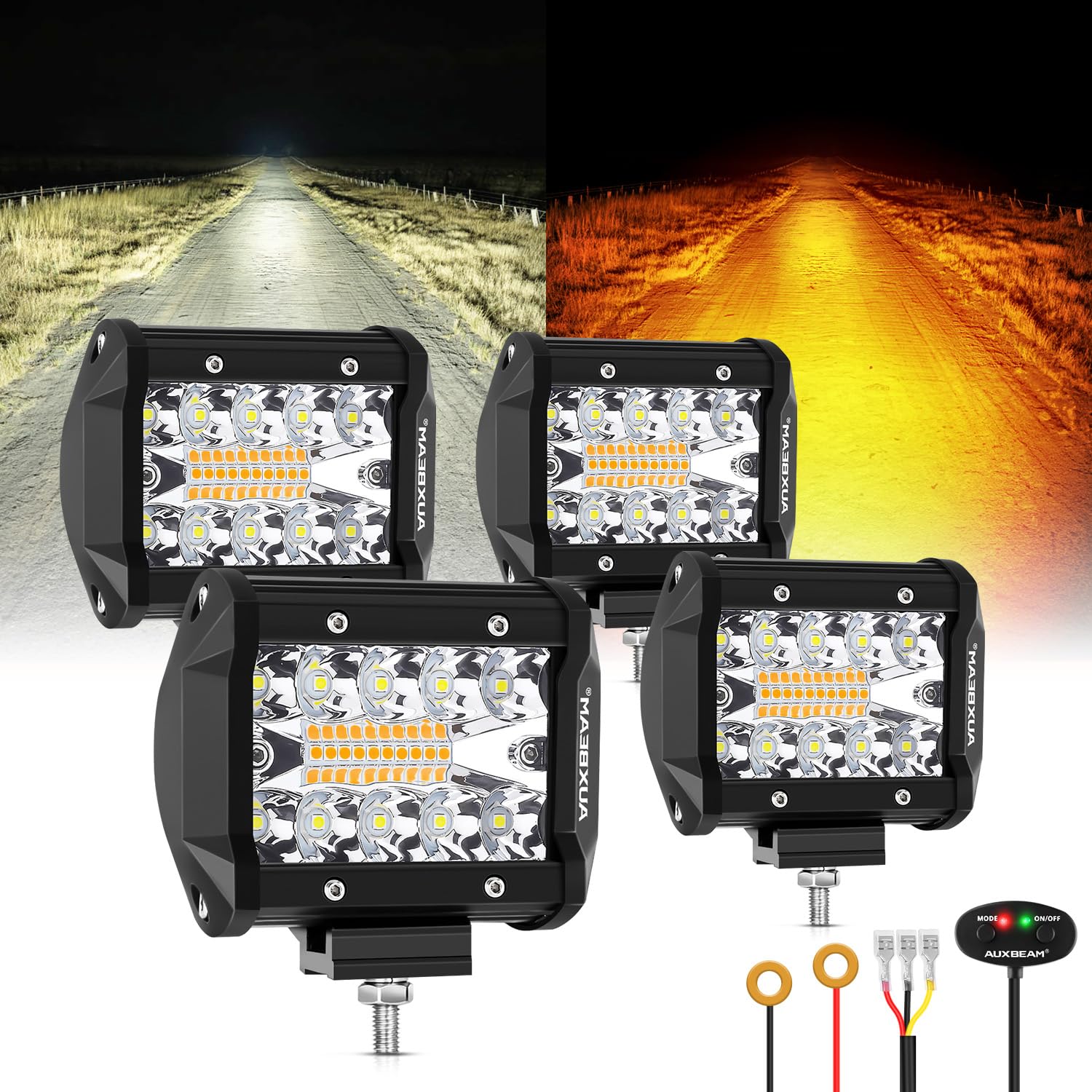 Auxbeam 6 Modes Amber White Series, 4 Packs Led Pod Lights Flash Strobe Warning Multi-Function, 4'' 240W Spot Flood Combo Led Of