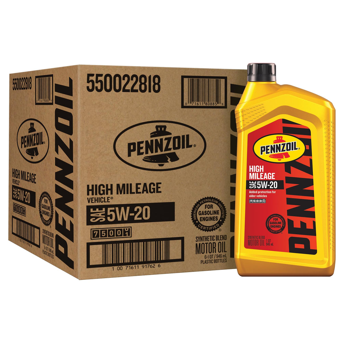 Pennzoil High Mileage 5W-20 Motor Oil, 1 Quart (6 Pack)