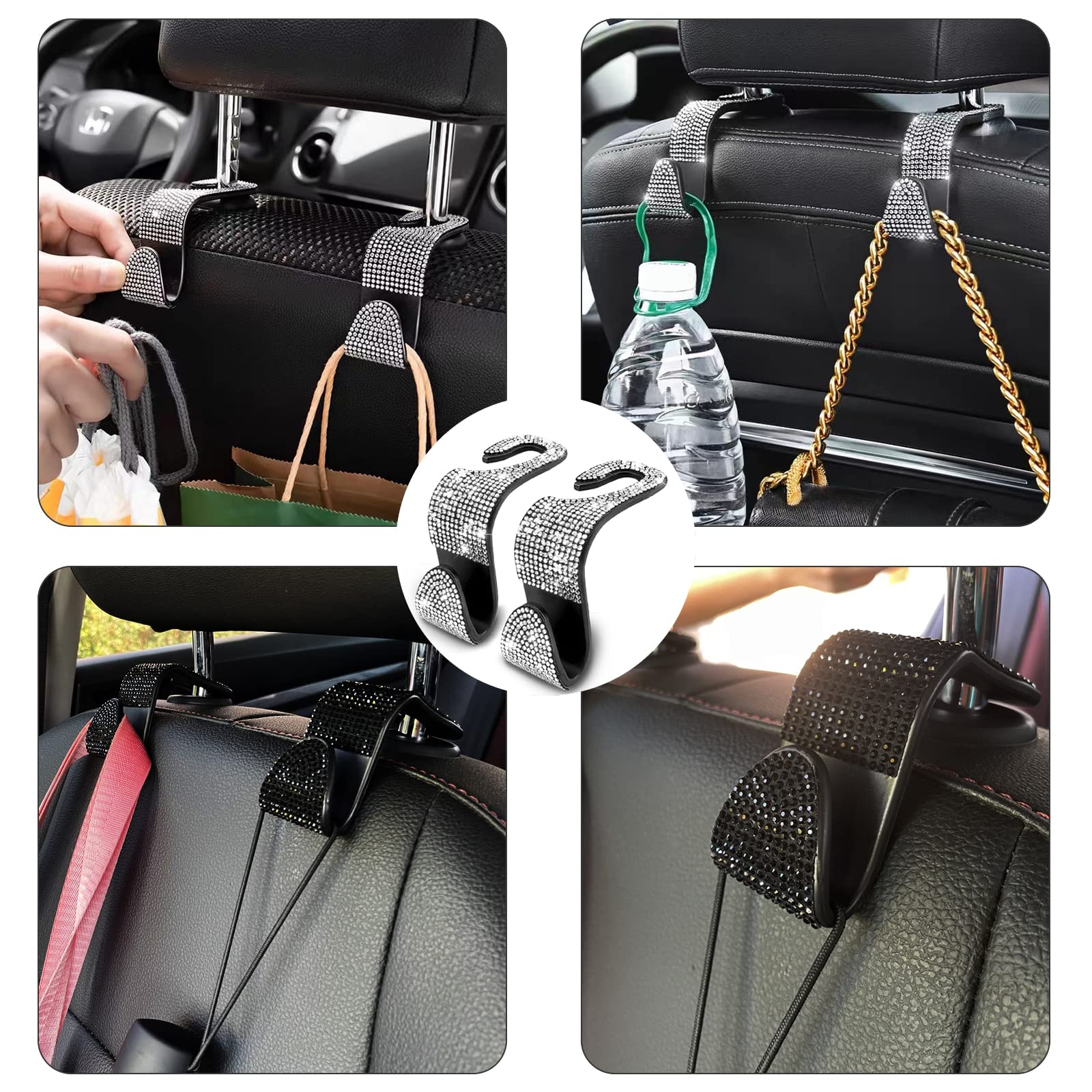 Osifit 2Pcs Car Seat Hooks, Bling Rhinestone Headrest Hooks, Universal Bling Car Interior Accessories, For Handbag, Clothes, Pur