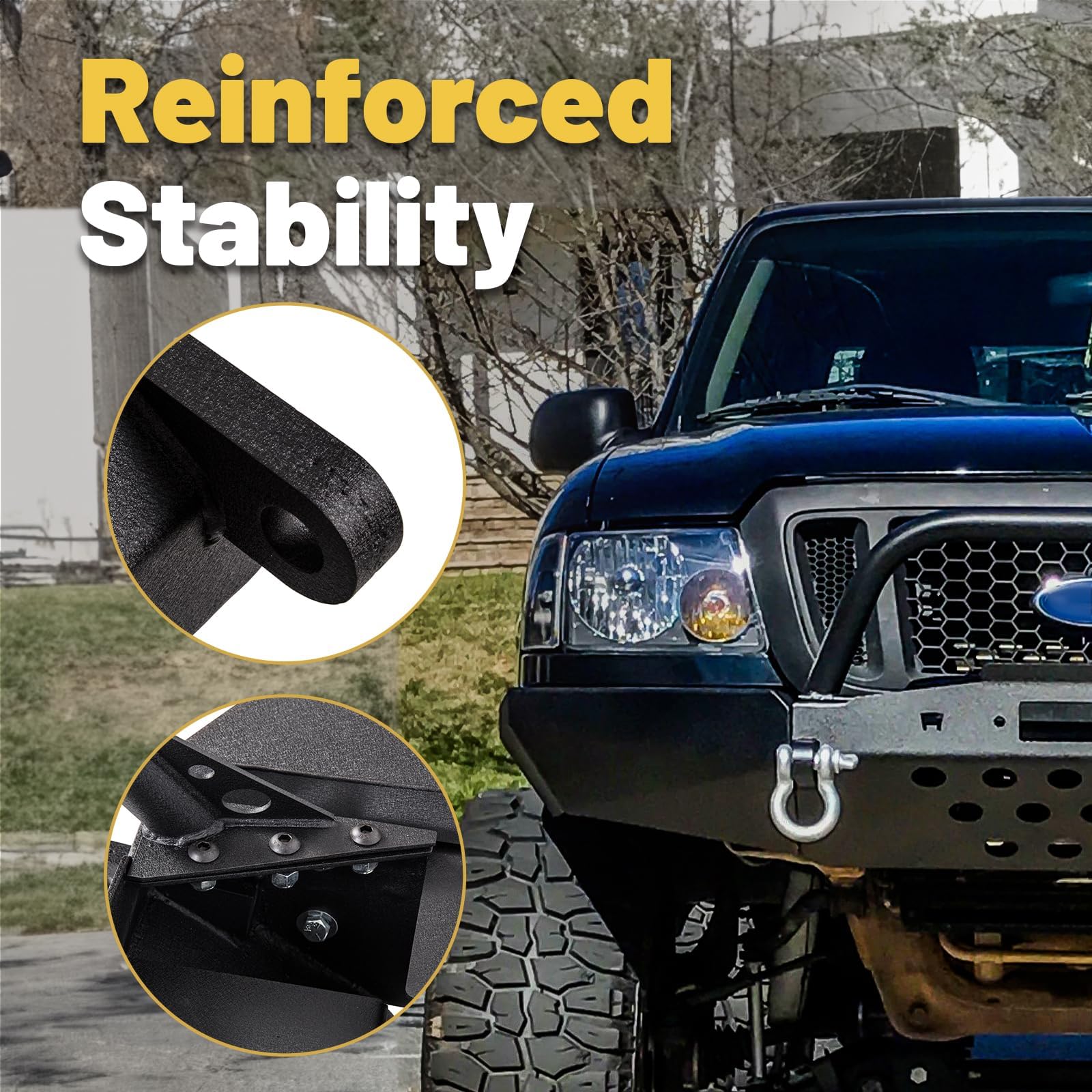 ECOTRIC Front Bumper Compatible with 1998-2011 Ford Ranger W/Winch Plate Bull Bar D-Ring Mounts Bumper Assembly Steel Powder Coa