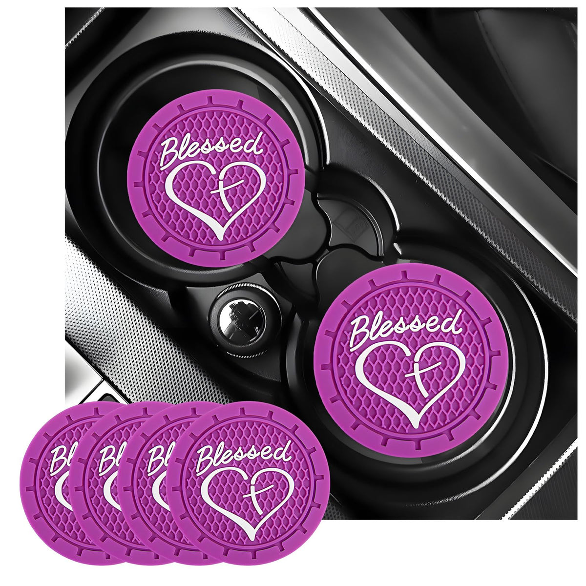 KVAEY 4 PCS Car Cup Holder Coaster, 2.76 Inch Anti Slip Vehicle Drink Mat with Cute Blessed Cross and Heart, Shockproof Cup Hold