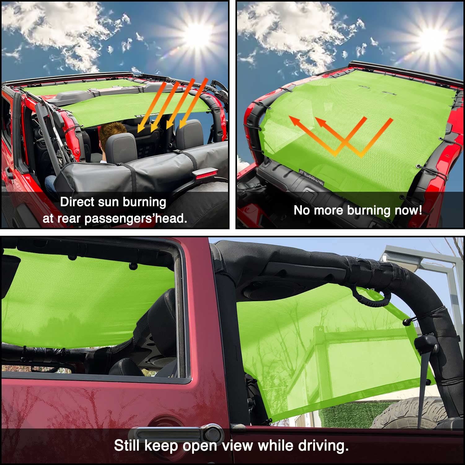 Shadeidea Sunshade Top For Jeep Wrangler Top Sun Shade Jl (2018-2023) 2 Door Sun Shade Front And Rear Trunk - Green Mesh Screen