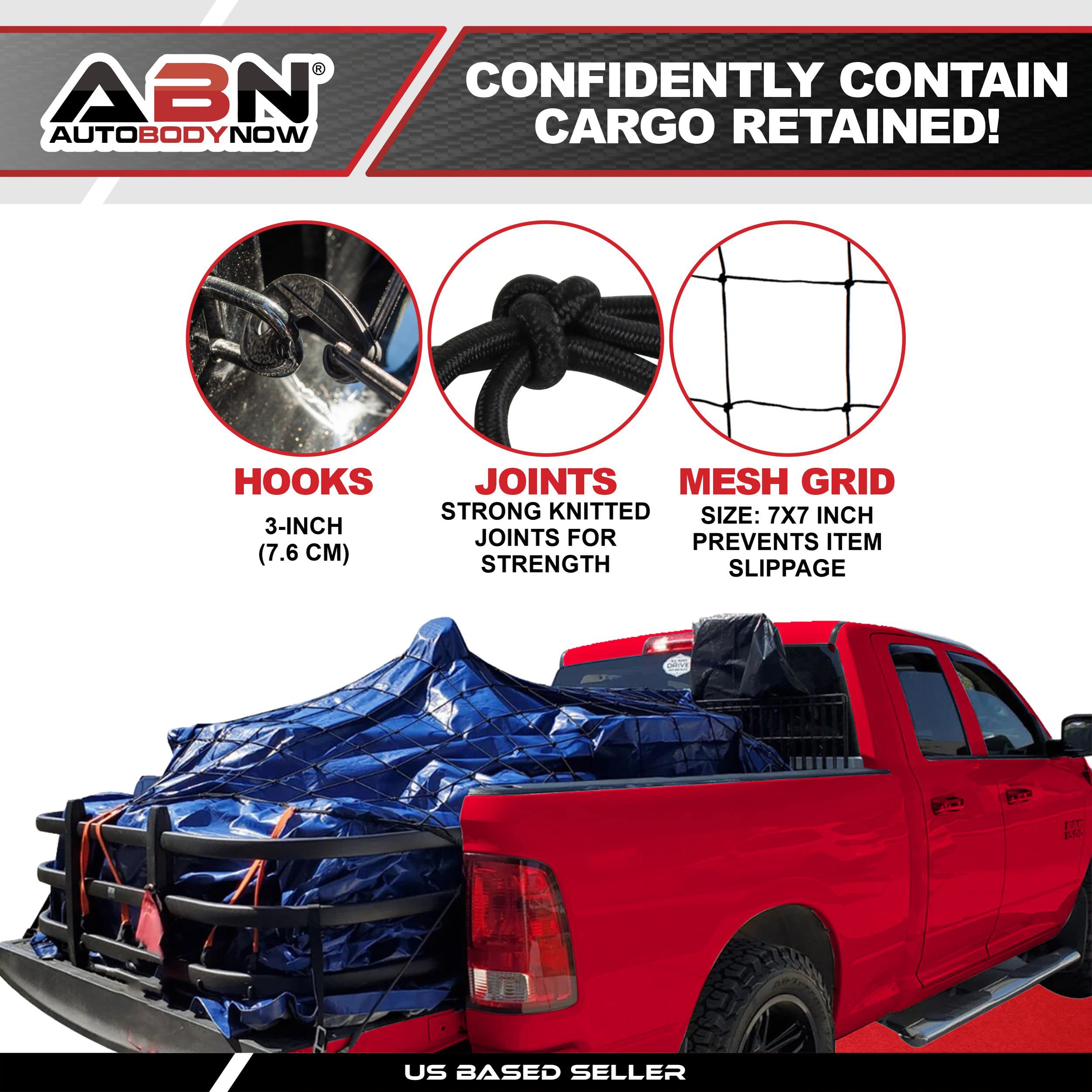 ABN Cargo Net with Nylon Hooks, 72 x 96 Inch for Trailers, Pickup Trucks, Rooftops, & More - Heavy-Duty, Multi-Purpose