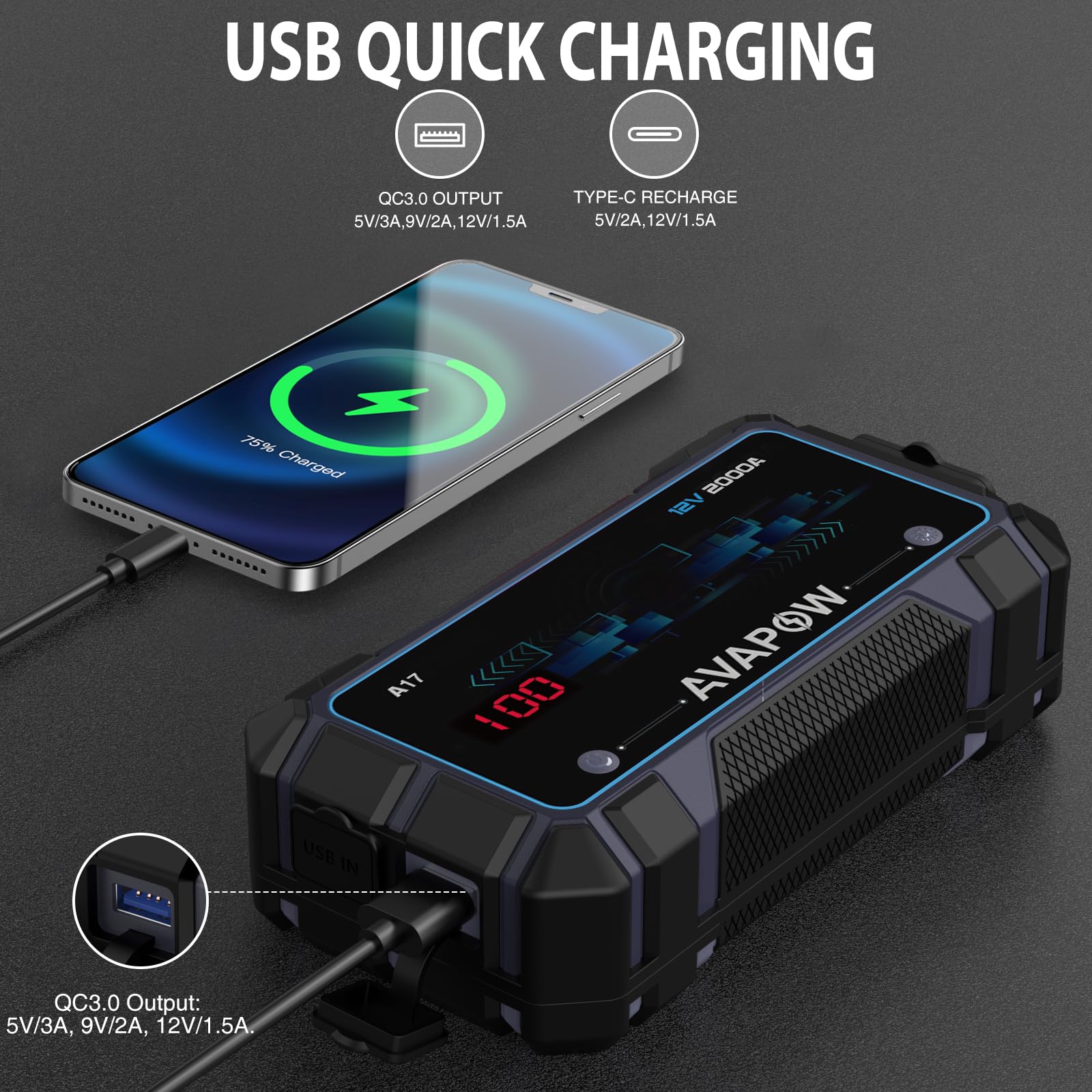 Avapow Car Jump Starter 2000A Peak Jump Boxes For Vehicles(12V 8L Gas/6.5L Diesel Engine) Equipped Fast Wireless Charging Jump S