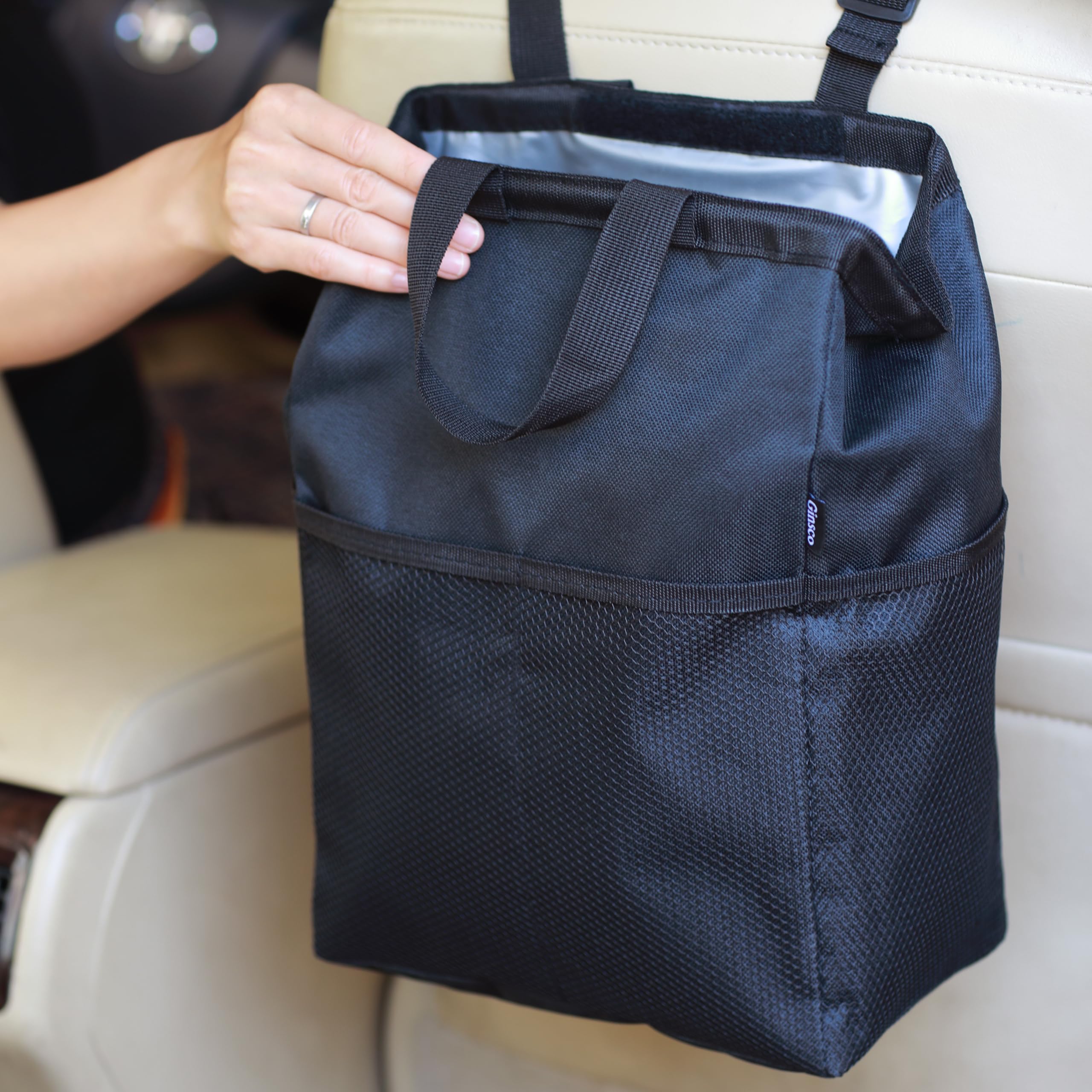 Ginsco New Leak-Proof Travel Car Trash Bag, 3.5 Gallons Large Capacity Hanging Car Trash Can with Hook and Loop Lid and Handle, 