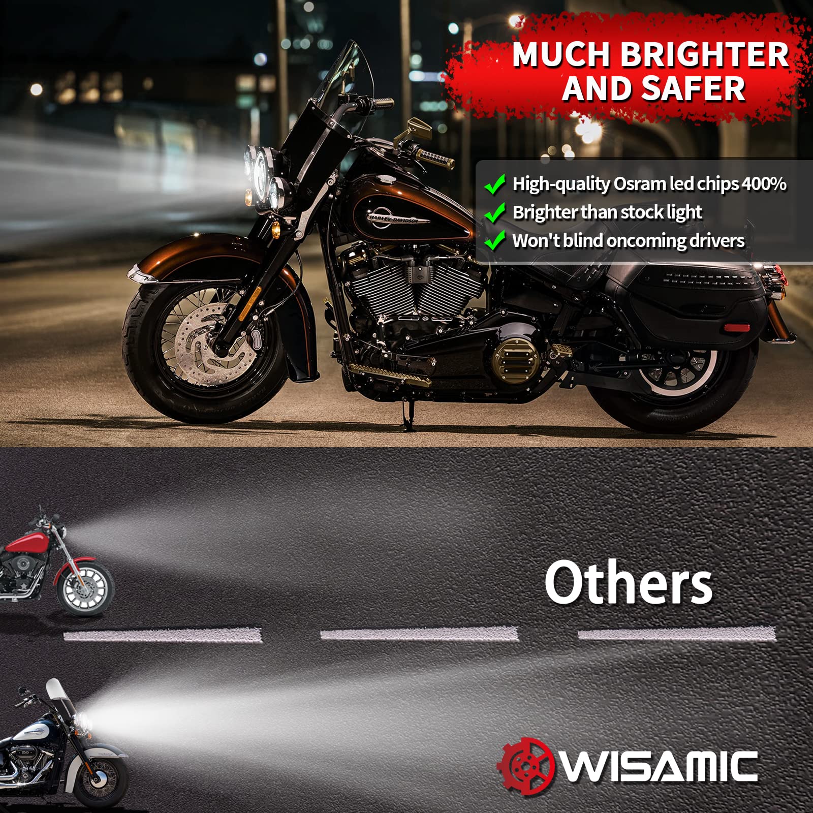 Wisamic Motorcycle 7 inch LED Headlight, 4.5 inch Passing Lamps Fog Lights and Mounting Ring, Compatible with Harley Davidson Ro