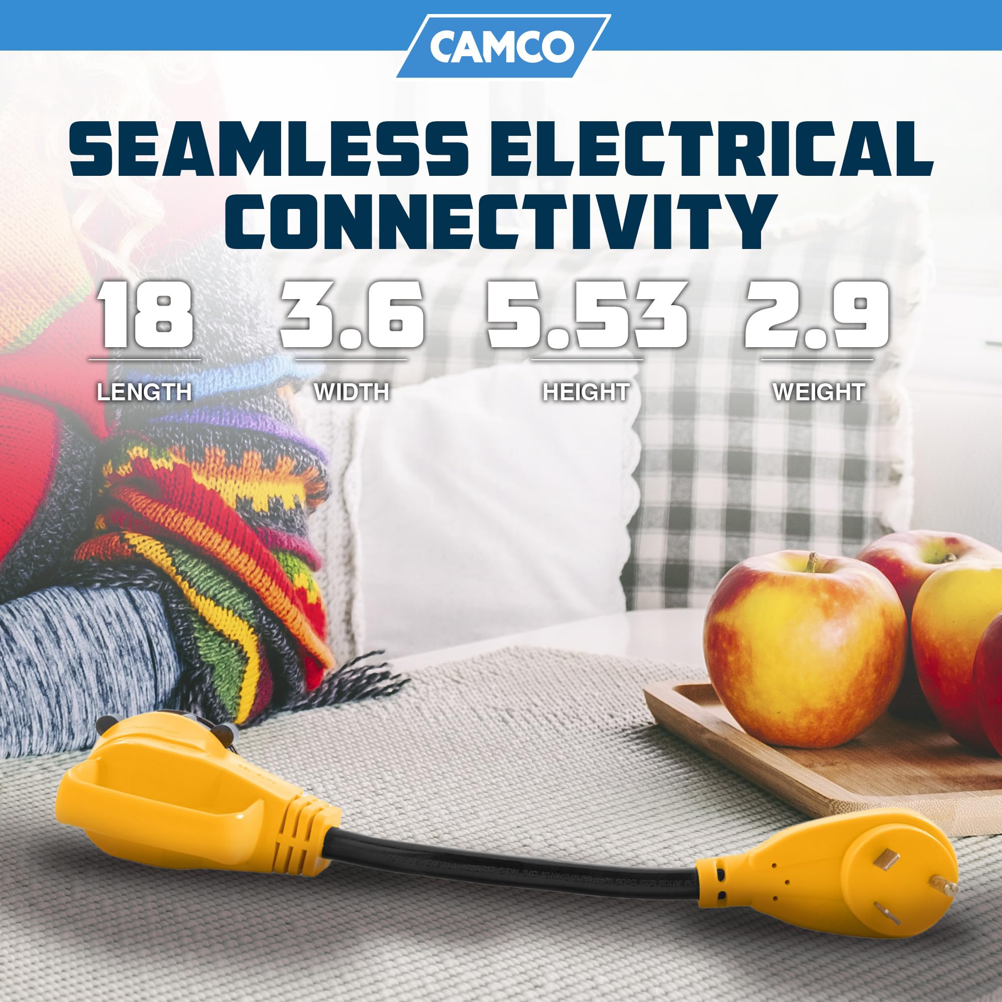 Camco 18 Inch Heavy Duty Electrical Rv Dogbone Adapter With Handle, Threaded Locking Ring, And 90 Degree Bend Design, 50 Amps,Yellow