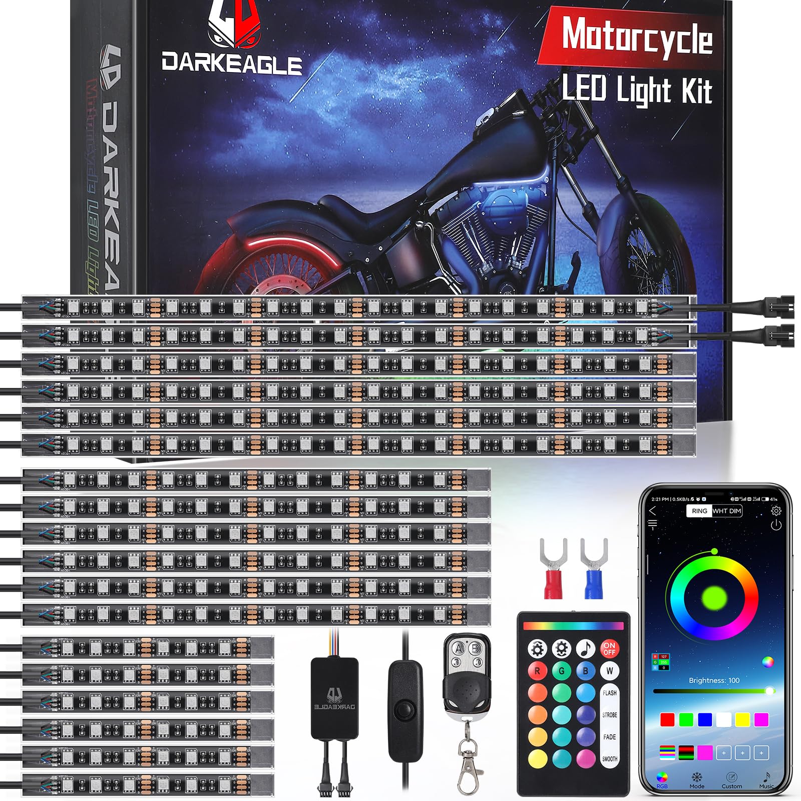 Ld Darkeagle 18Pcs Motorcycle Rgb Led Light Kit With Brake Light Turn Signal, Motorcycle Led Underglow Lights With App/Rf Remote
