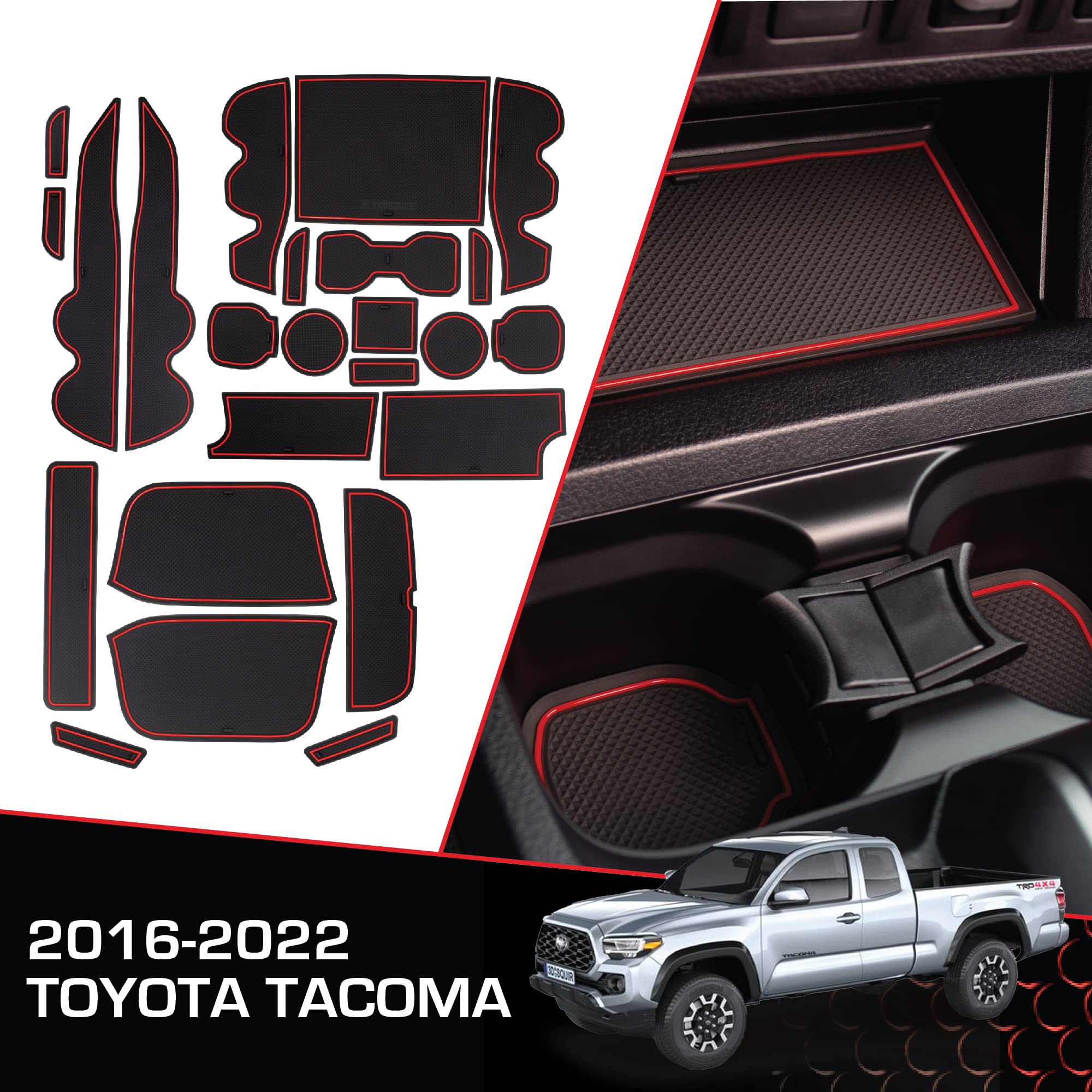 CupHolderHero fits Toyota Tacoma Accessories 2016-2023 Premium Custom Interior Non-Slip Anti Dust Cup Holder Inserts, Center Console Liner Mats, Door Pocket Liners 19pc Set (Double Cab) (Red Trim)