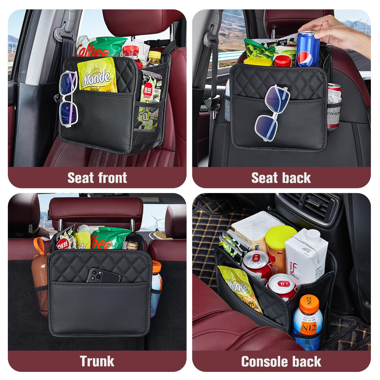 LXUNYI Car Organizer Back Seat, 2 Pack Waterproof Pu Leather Car Seat Storage Bag Large Foldable Universal Hanging Car Seat Back