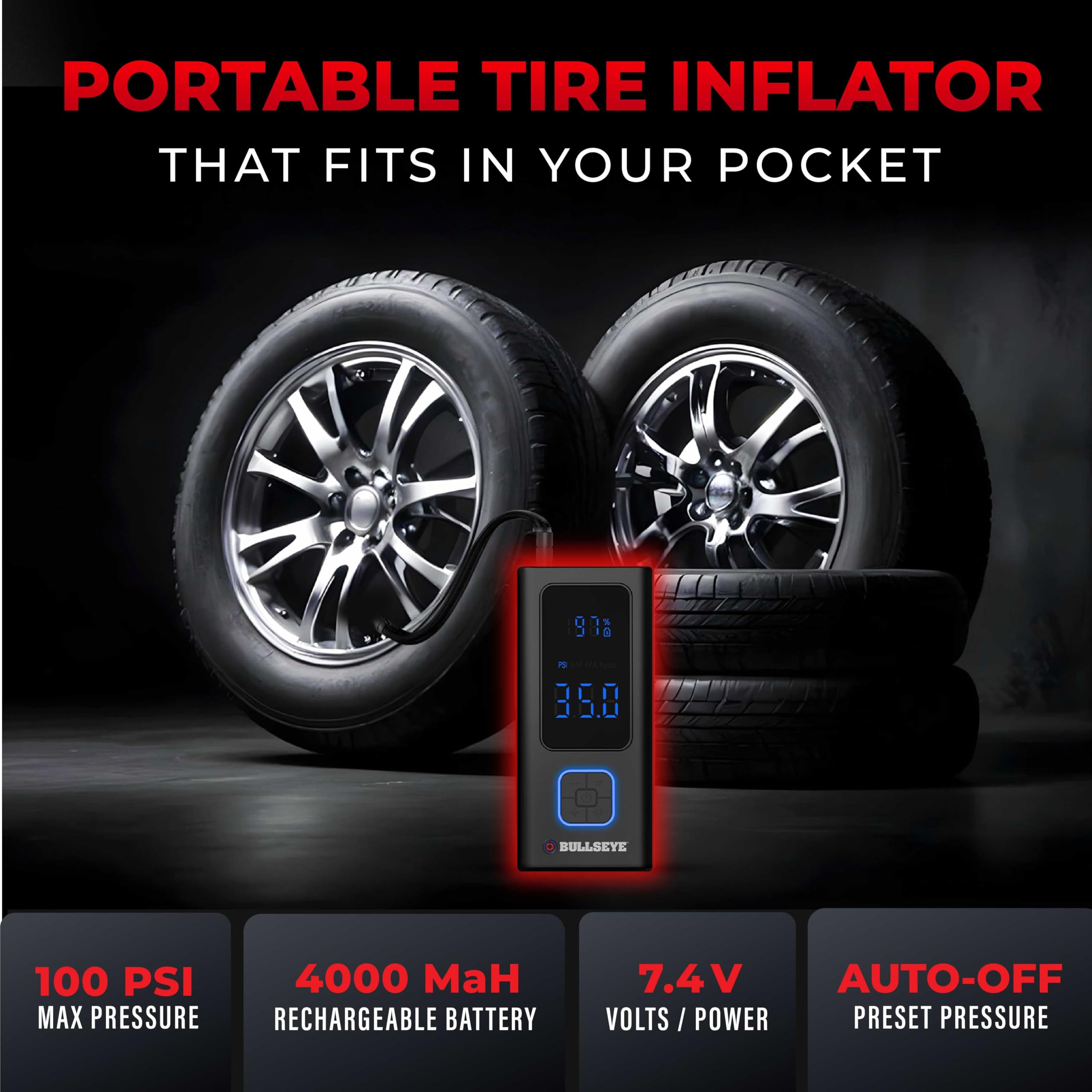 Pocket Air Tire Inflator Portable Air Compressor By Bullseye Pro For Tires, Balls, Bike With Persta Valve, Auto Shut Off, Inflat