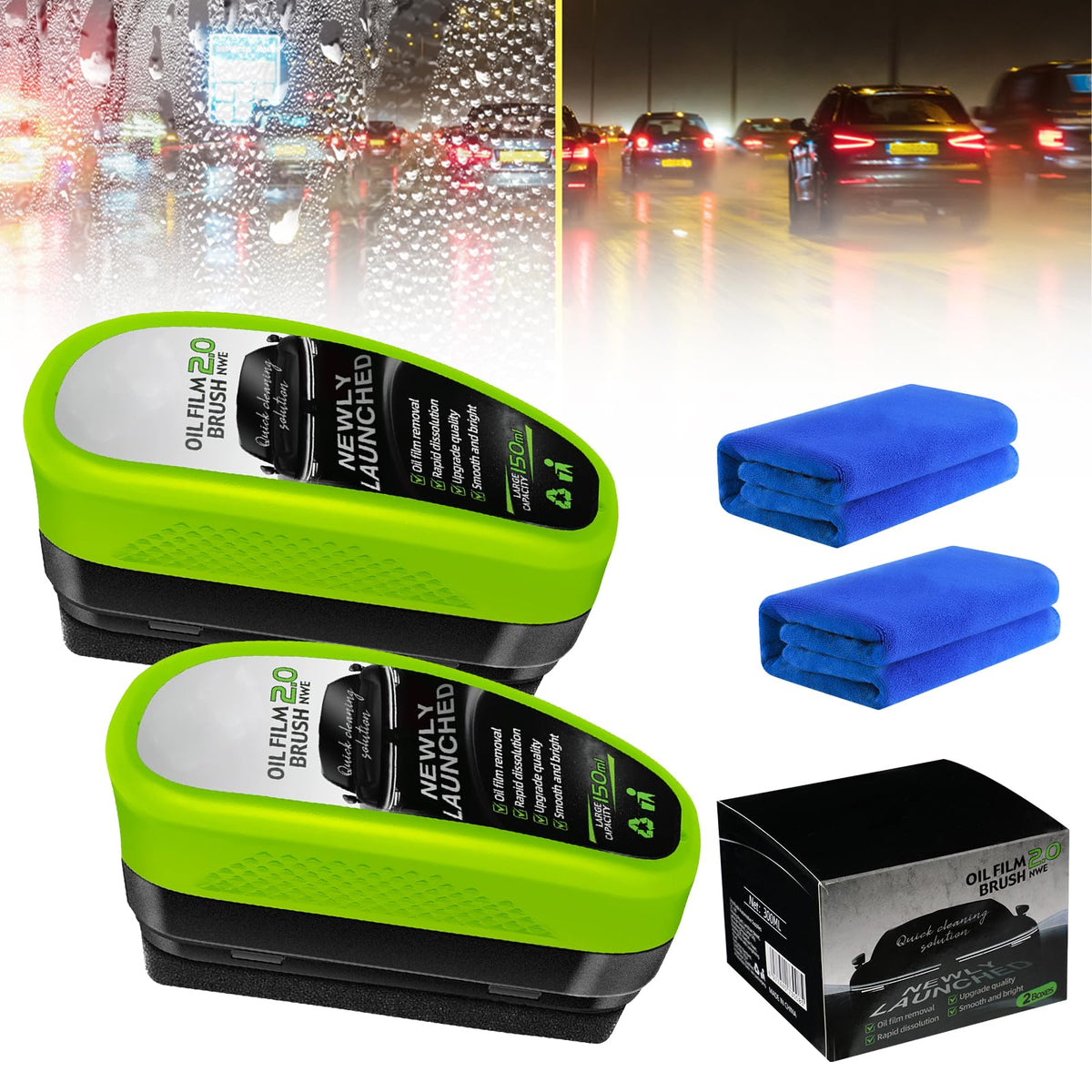 Upgrade Automotive Oil Film Cleaning Brush, New 2.0 Green Oil Film Wipe, Glass Cleaning Board for Windshield, Glass Oil Film Rem