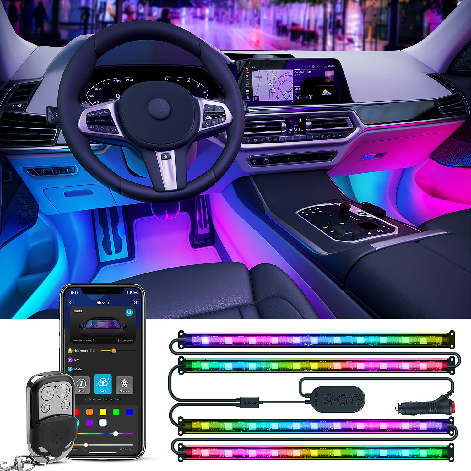 Govee Interior Rgbic Car Lights With Smart App Control, Music Sync Mode, Diy Mode And Multiple Scene Options, 2 Lines Design Led Lights For Cars, Trucks, Suvs
