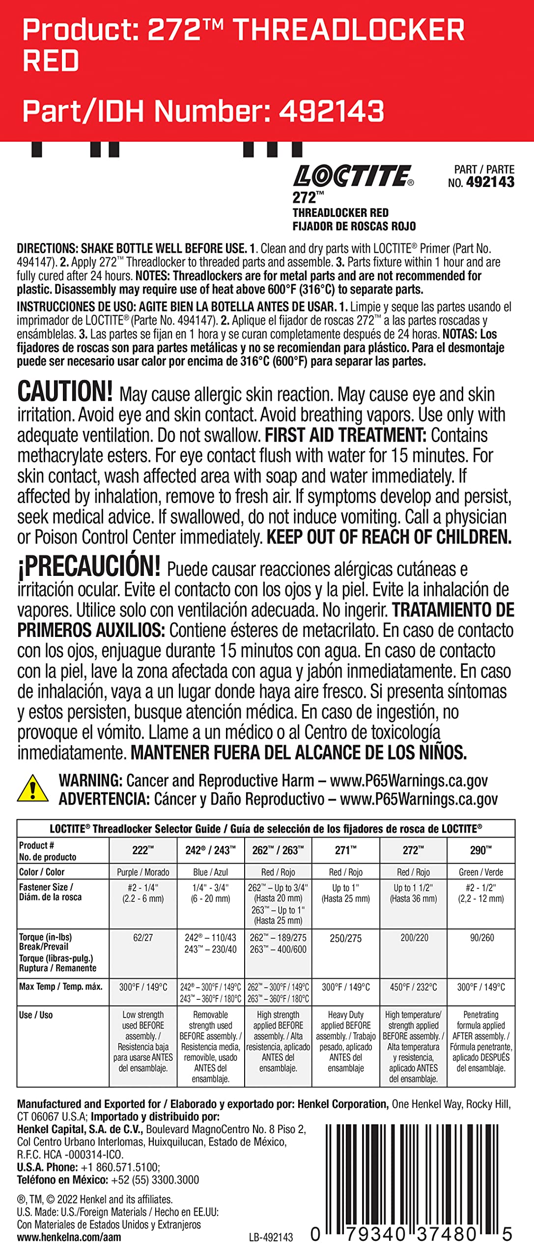 Loctite 272 Automotive Threadlocker Red - High Temp Thread Lock, Heavy-Duty High Strength Applications, Works on All Metals - 36