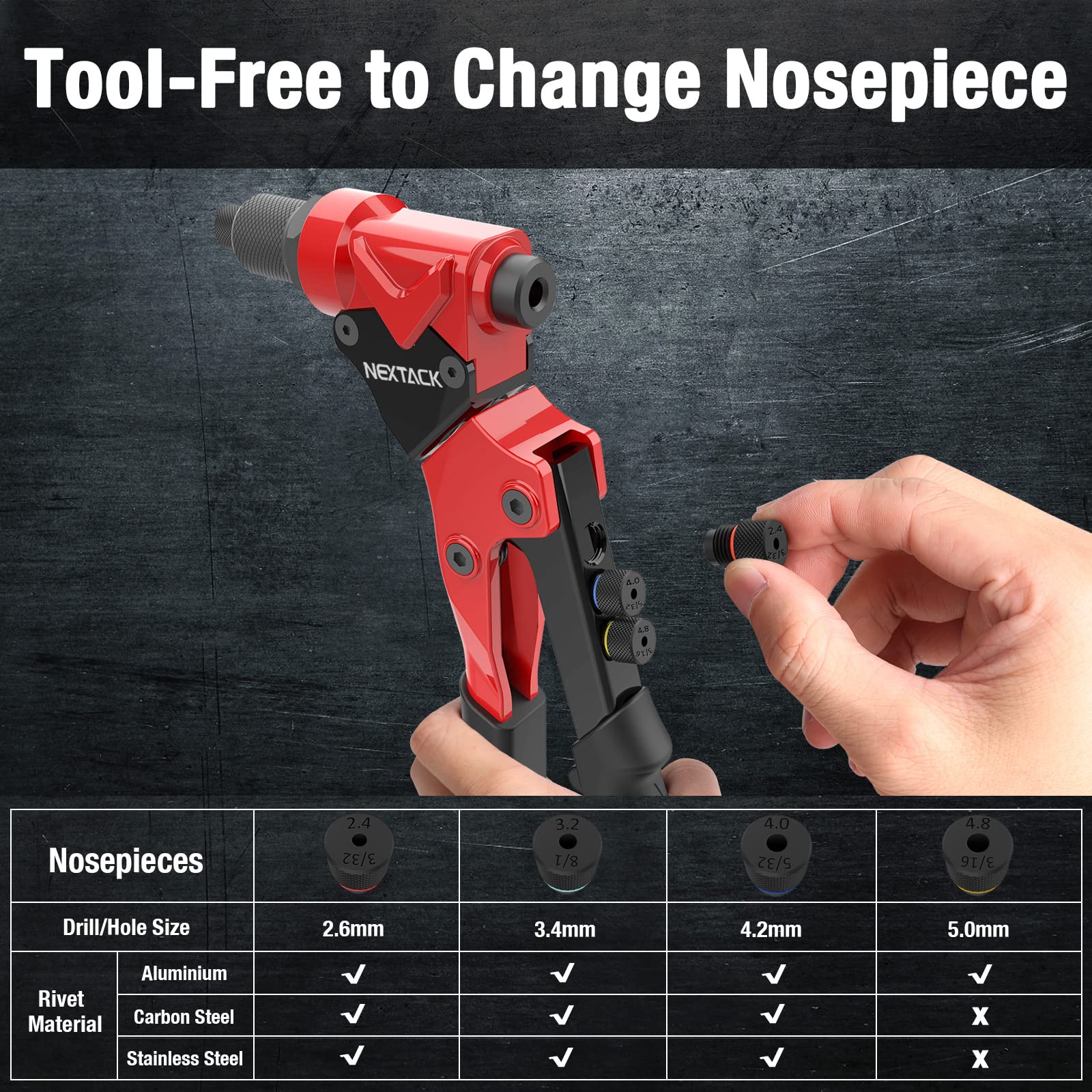 NEXTACK Rivet Gun Kit, Heavy Duty Pop Rivet Gun with 360 Degree swivel Head for Tight Space, 4 HSS Drill Bits, 200 Assorted Rive