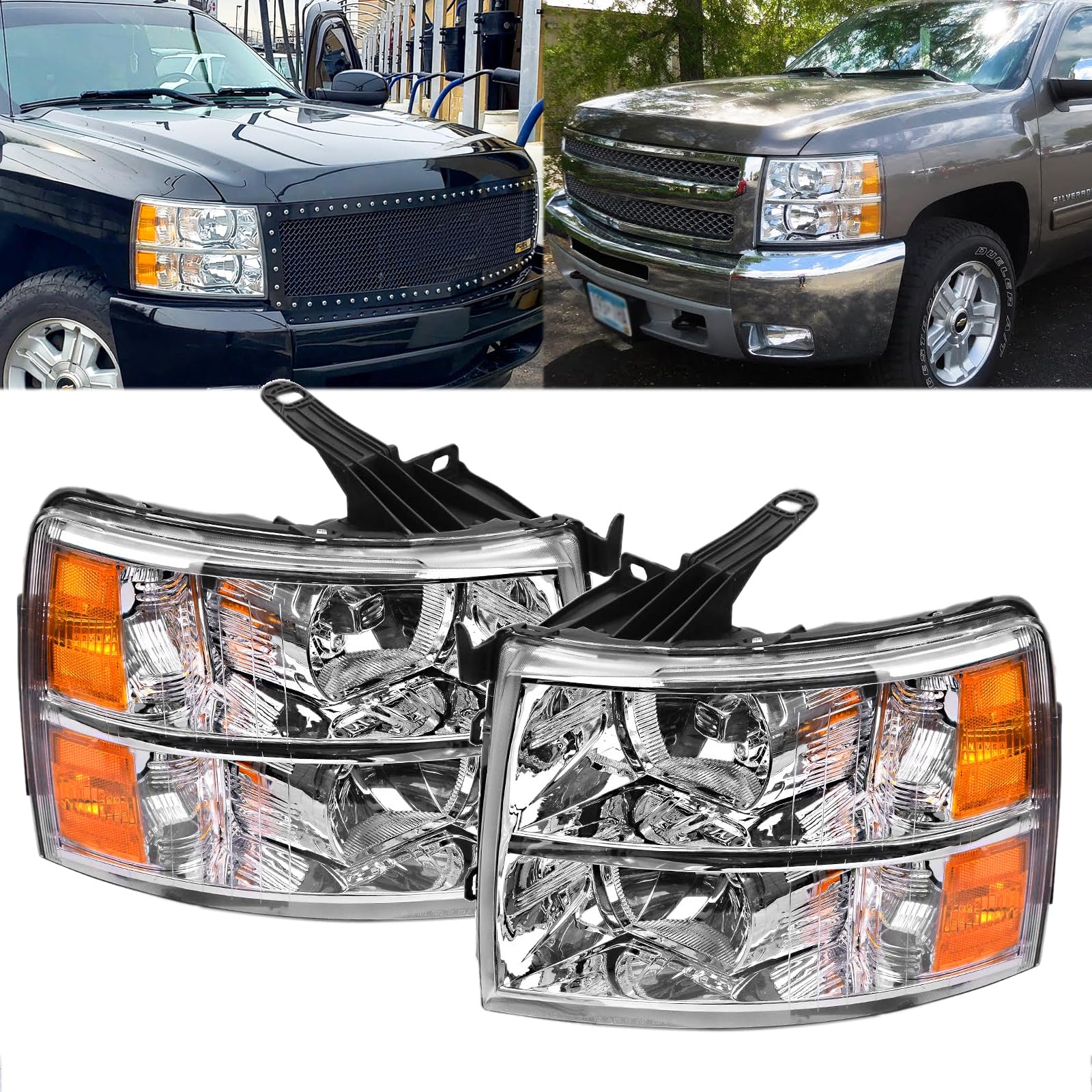 Headlights Assembly For 2007-2013 Chevy Silverado 1500,07-14 Silverado 2500Hd 3500 Headlights Headlamp Pair, Chrome Housing Ambe