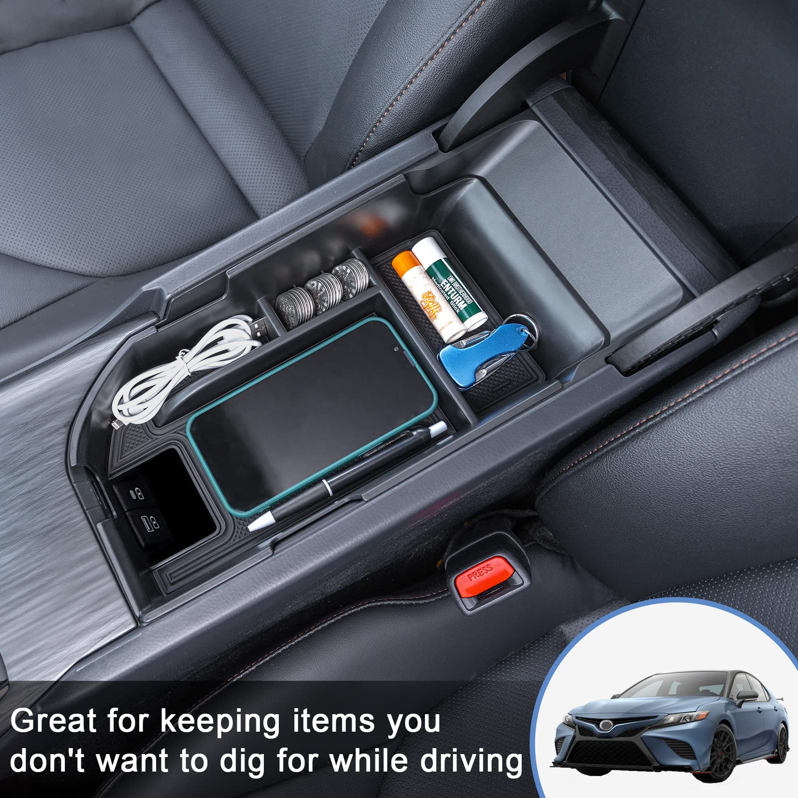TOPINSTALL Center Console Tray for 2018-2024 Toyota Camry, Black, Dual USB Ports, ABS Material, Armrest Storage Organizer