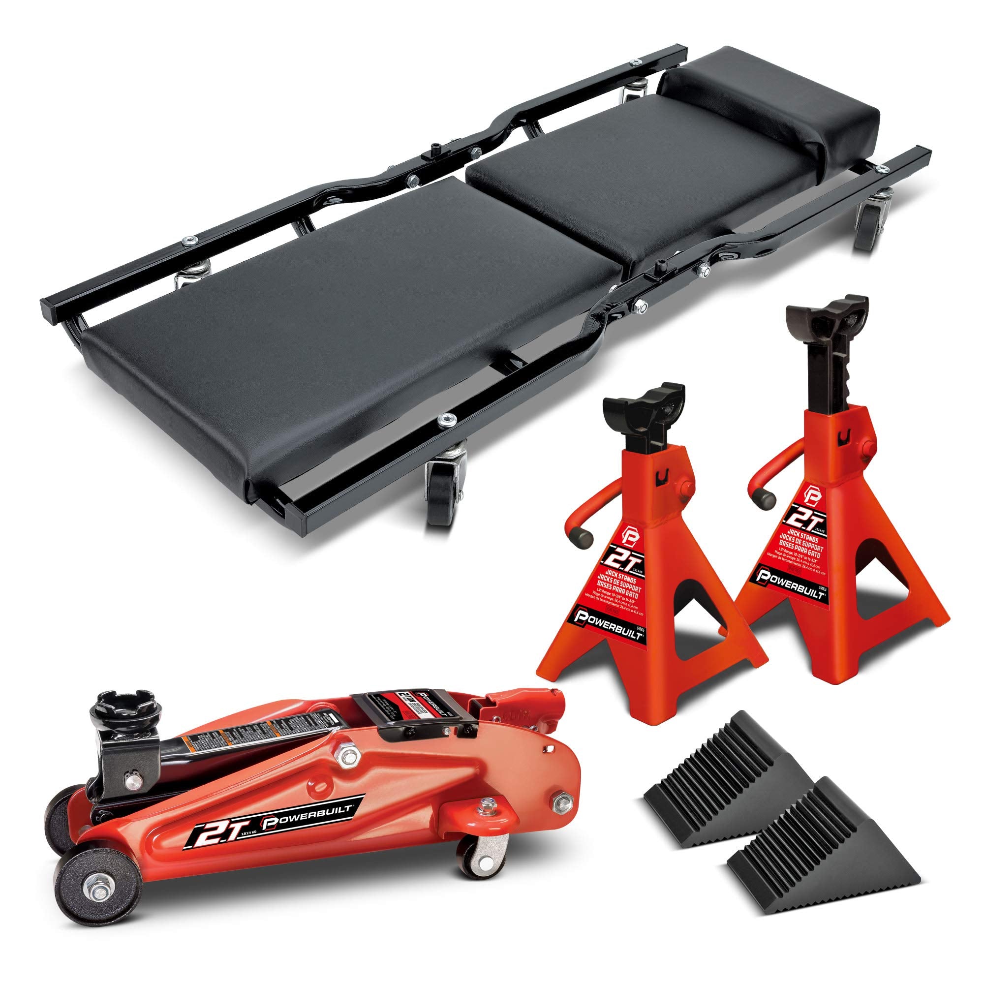 Powerbuilt 6 Piece Car Jack and Garage Creeper Service Set, 2 Ton Vehicle Lift, Jackstands, Folding Creeper, Wheel Chocks, Car R